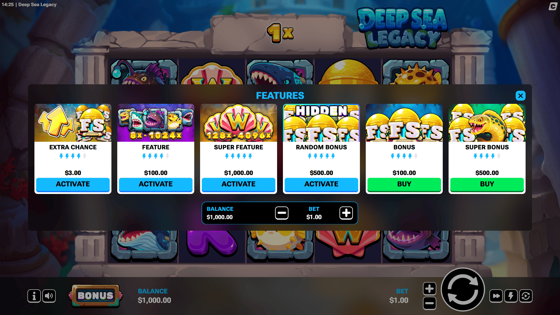 Deep Sea Legacy bonus buy menu