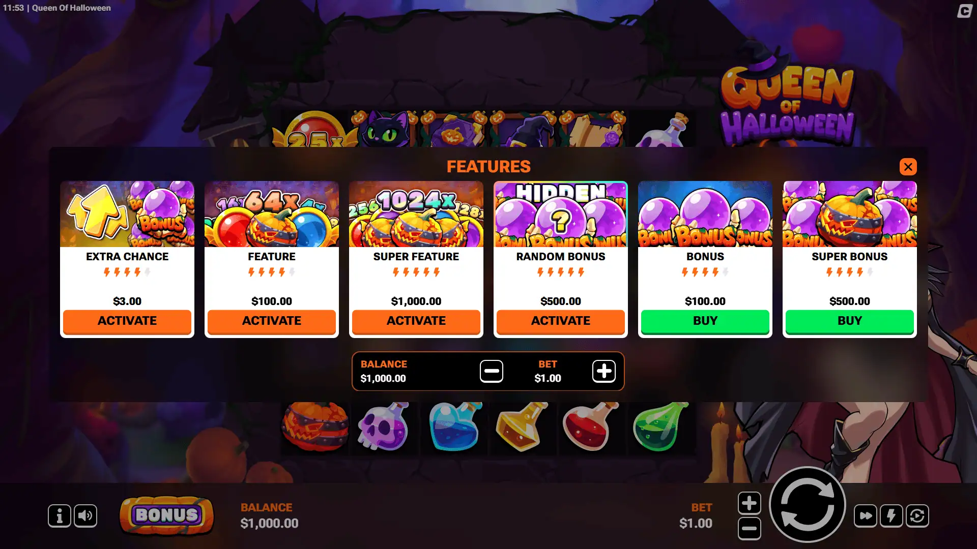 Queen of Halloween bonus buy menu
