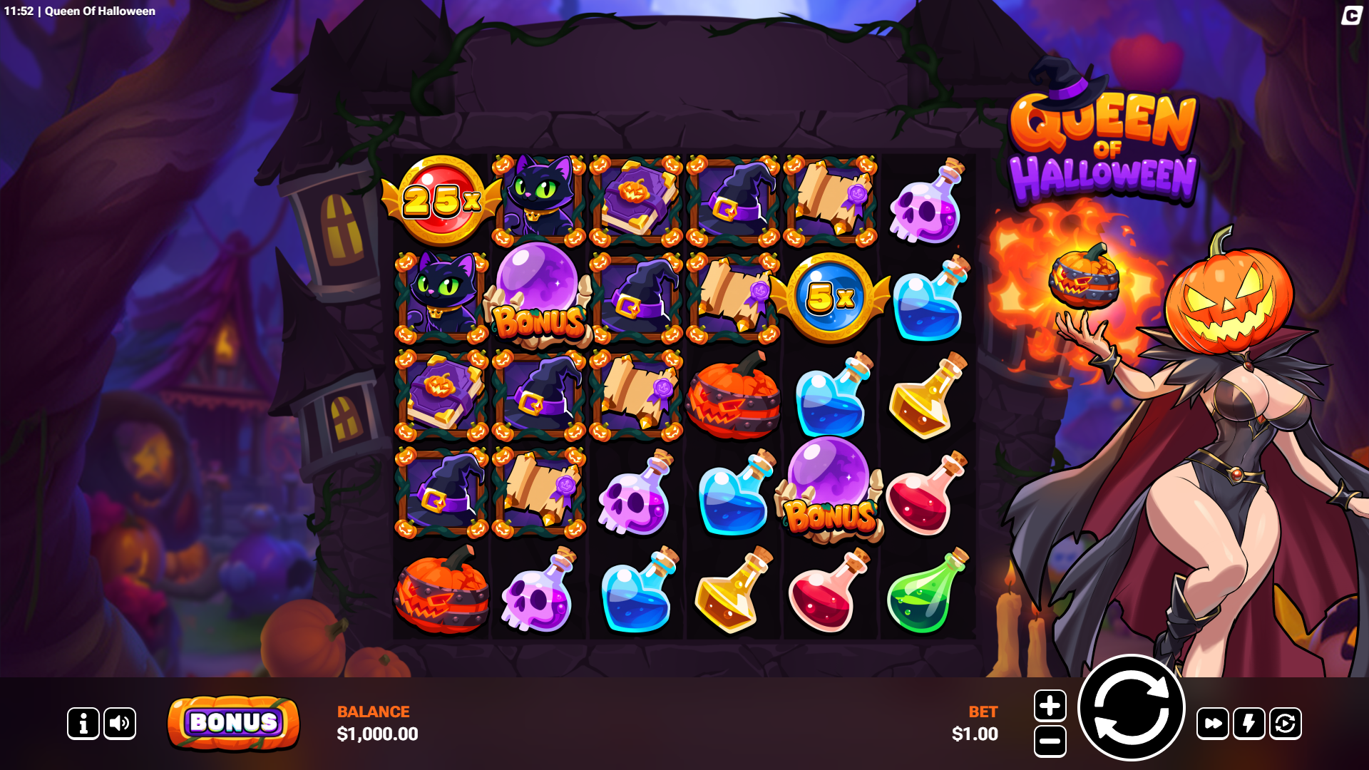 Queen of Halloween slot gameplay reels