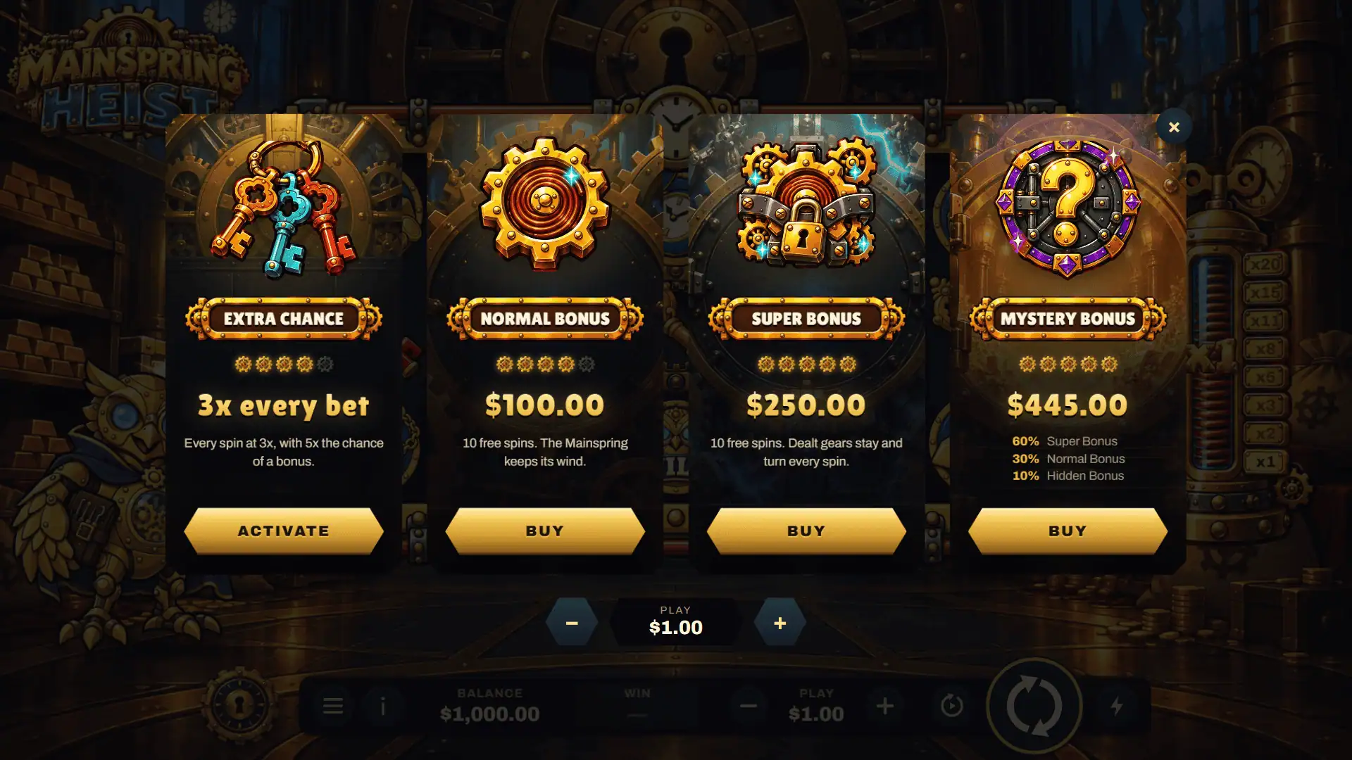 Mainspring Heist bonus buy menu