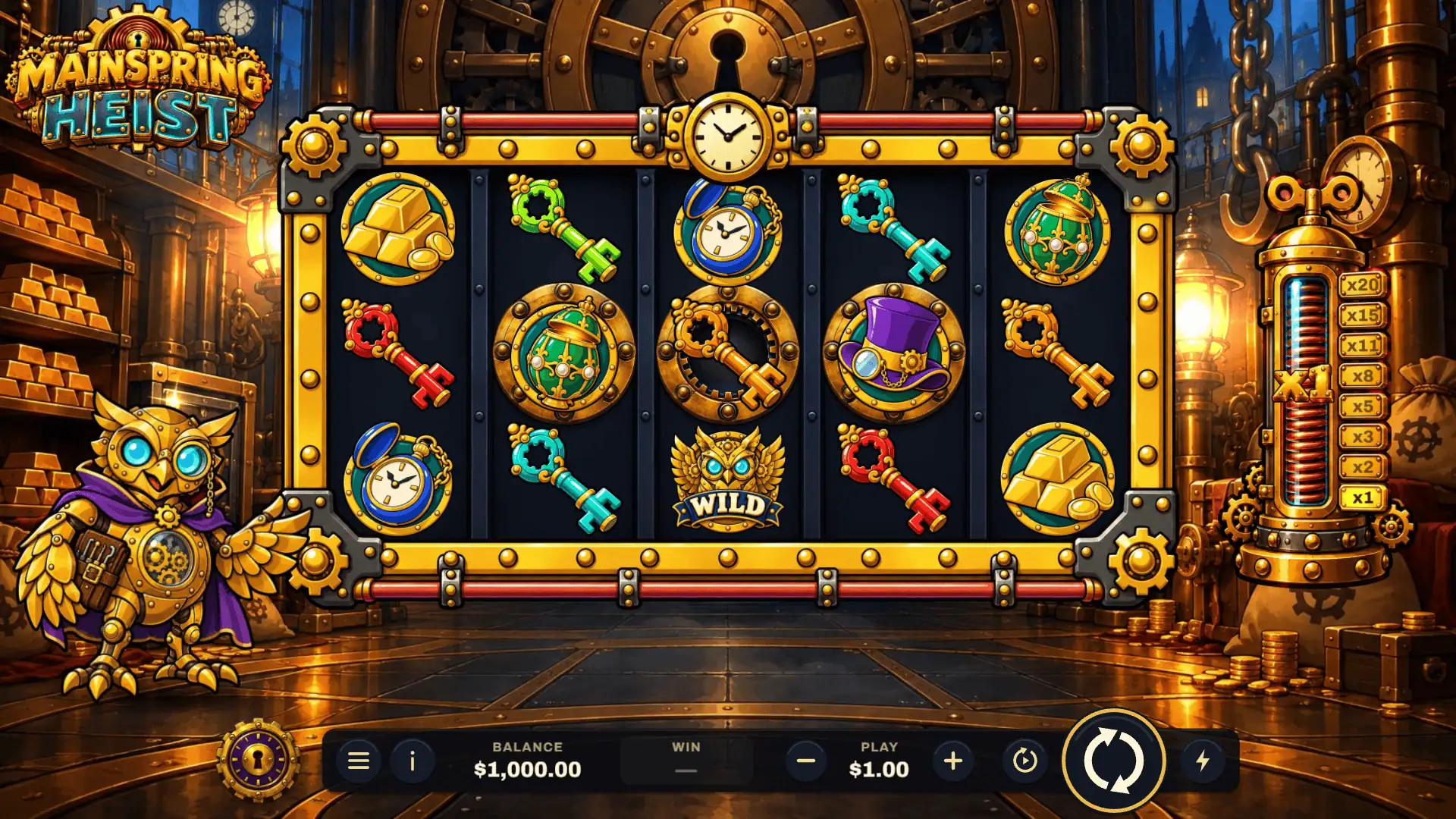 Mainspring Heist slot gameplay reels