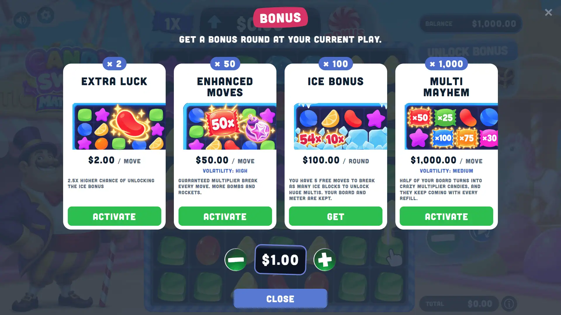 Candy Swipe MatchWin&trade; bonus buy menu