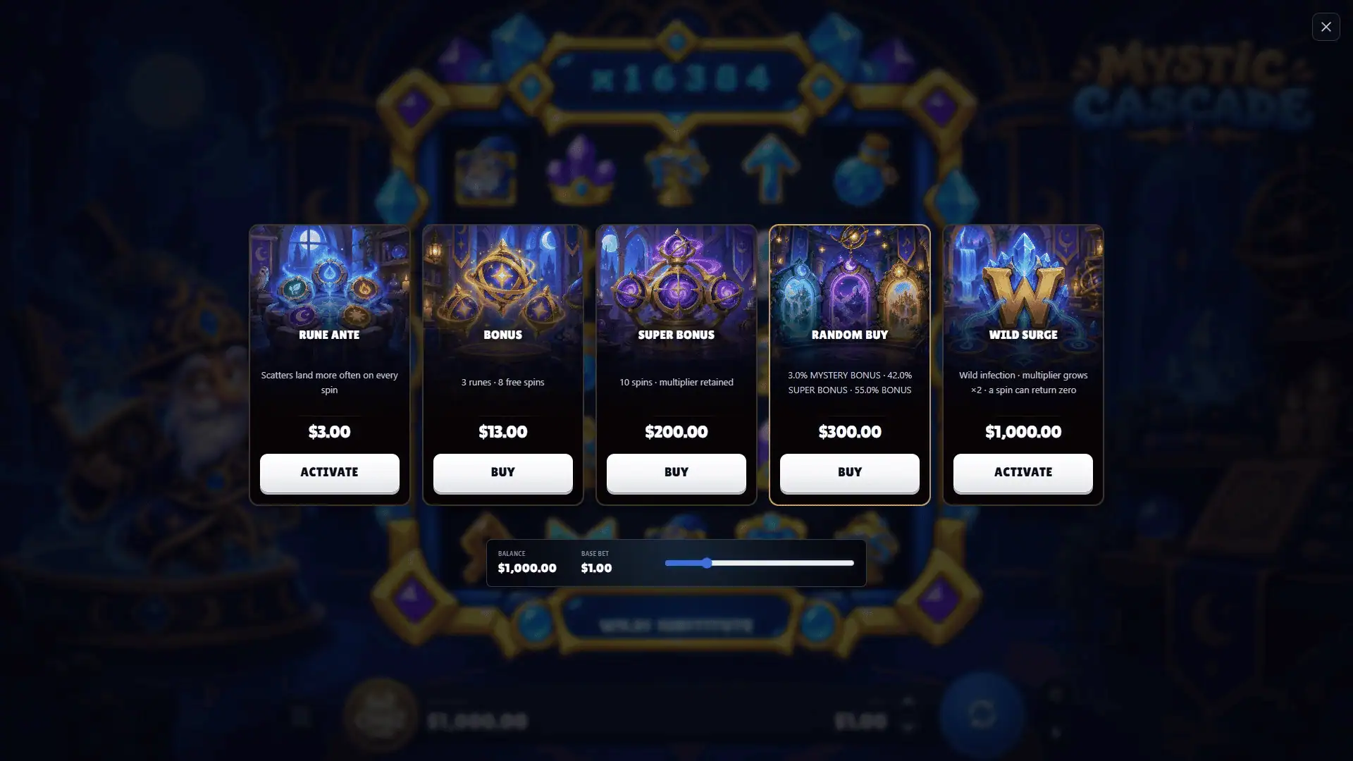 Mystic Cascade bonus buy menu