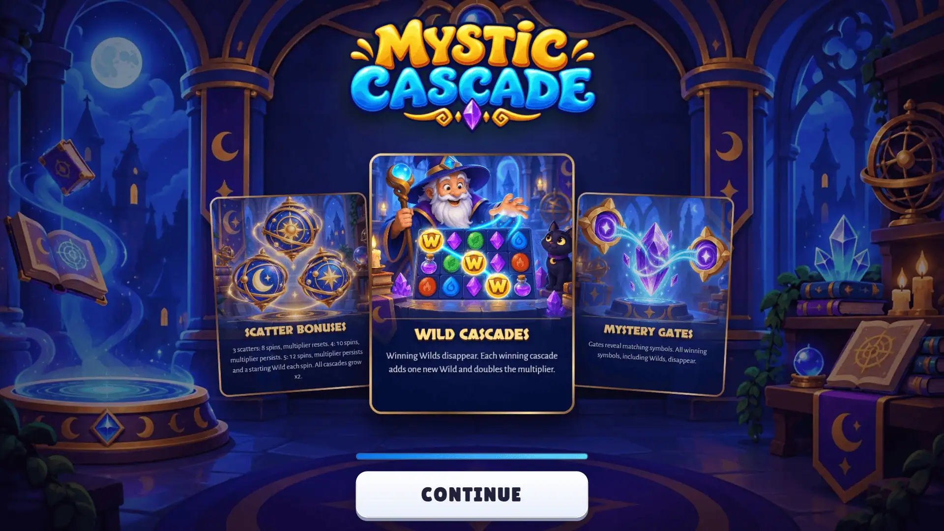 Mystic Cascade slot intro screen