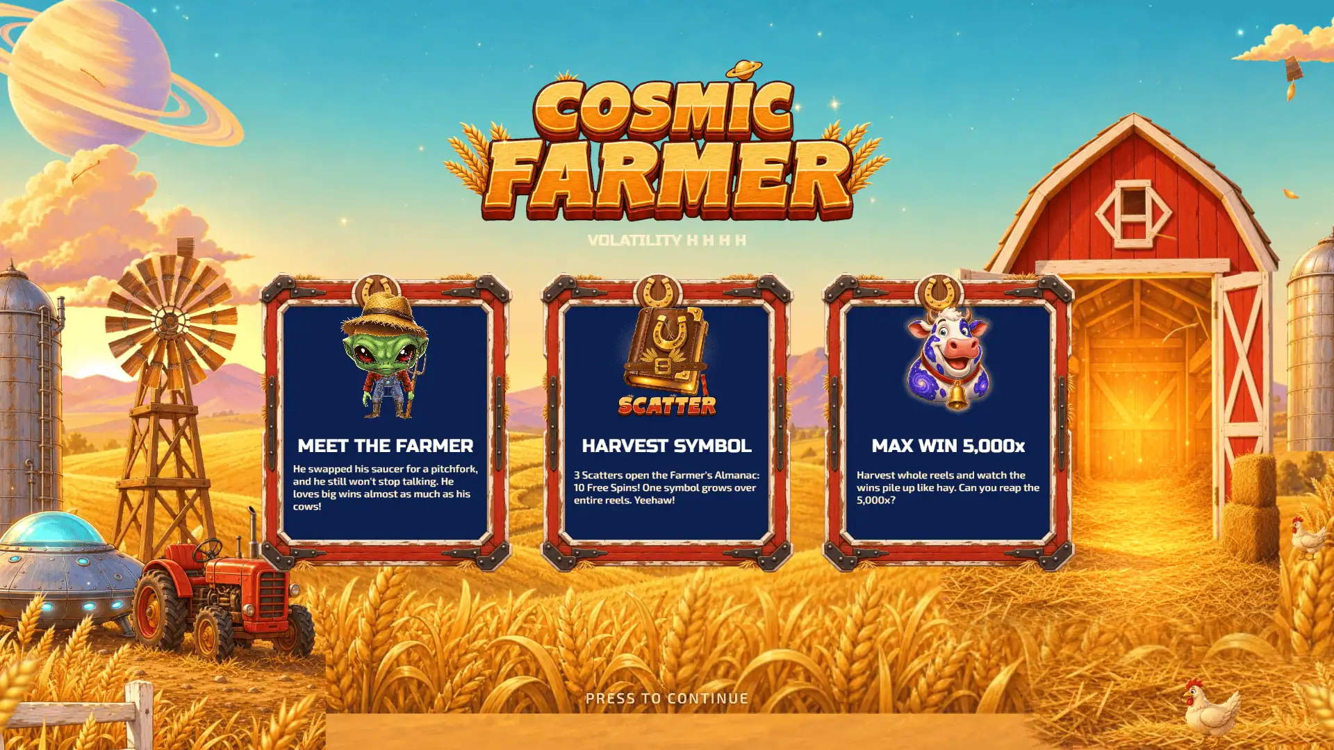 Cosmic Farmer slot intro screen