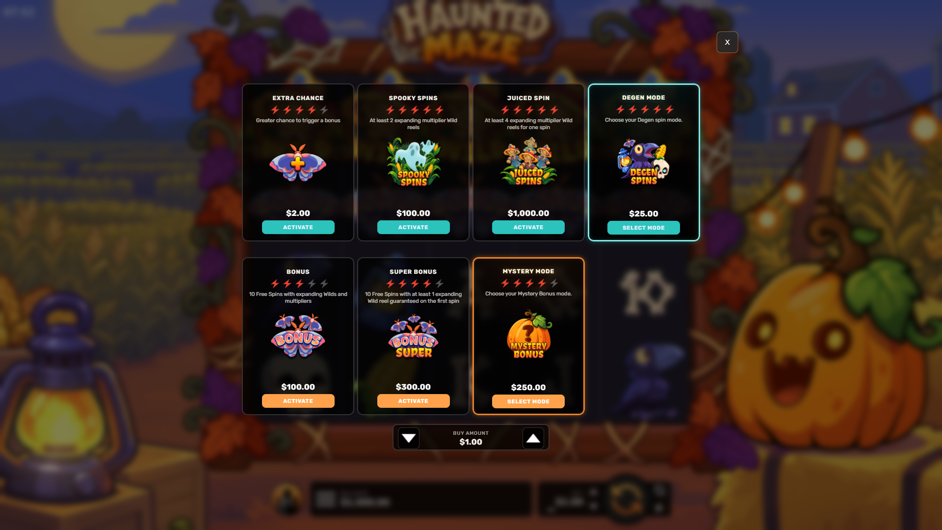 Haunted Maze bonus buy menu