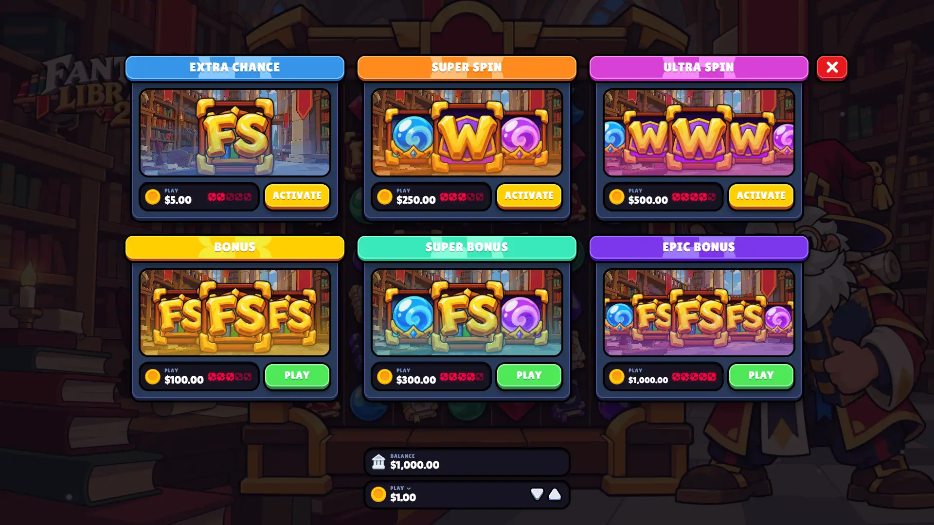 Fantasy Library 2 bonus buy menu