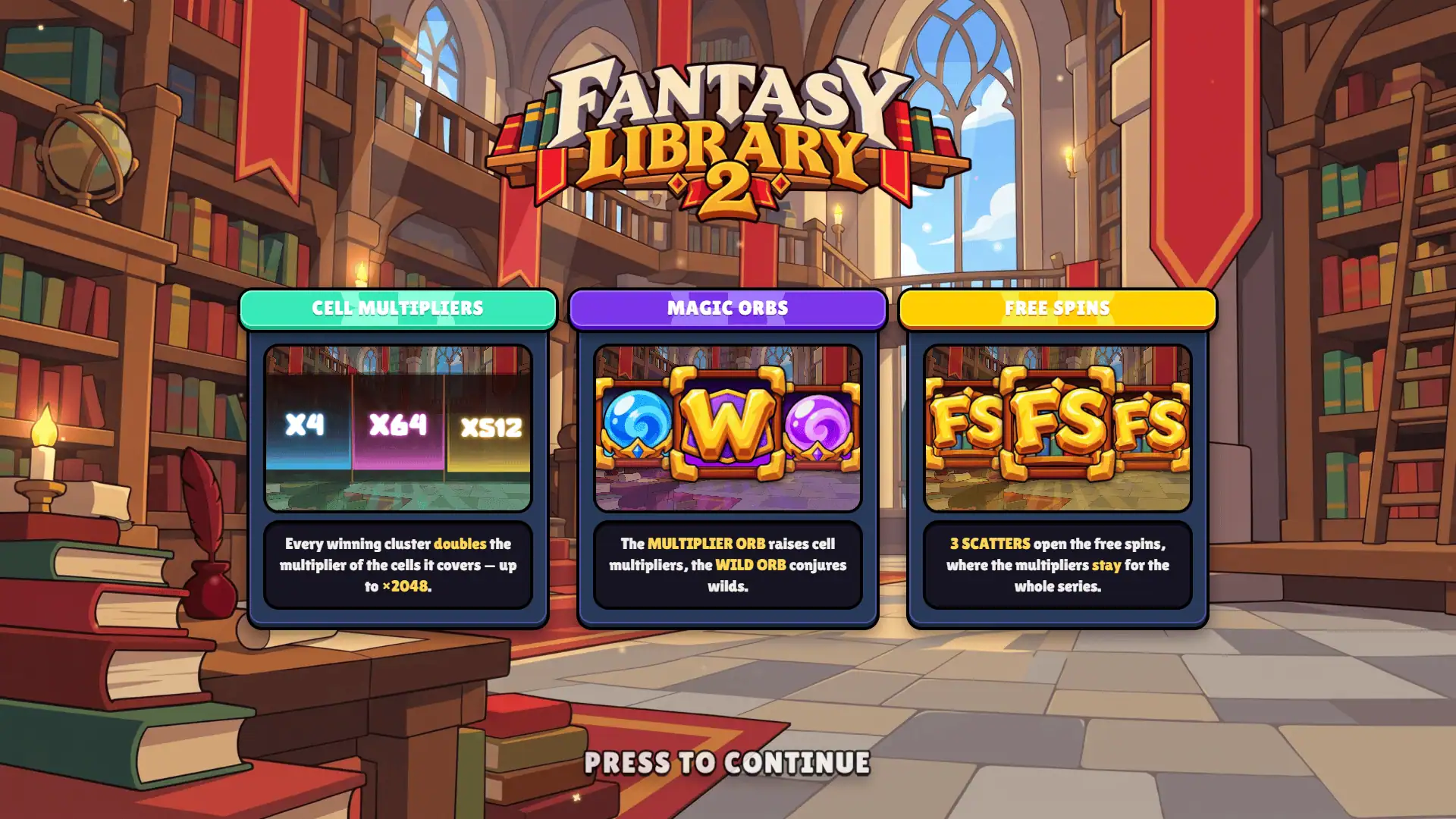 Fantasy Library 2 slot intro screen