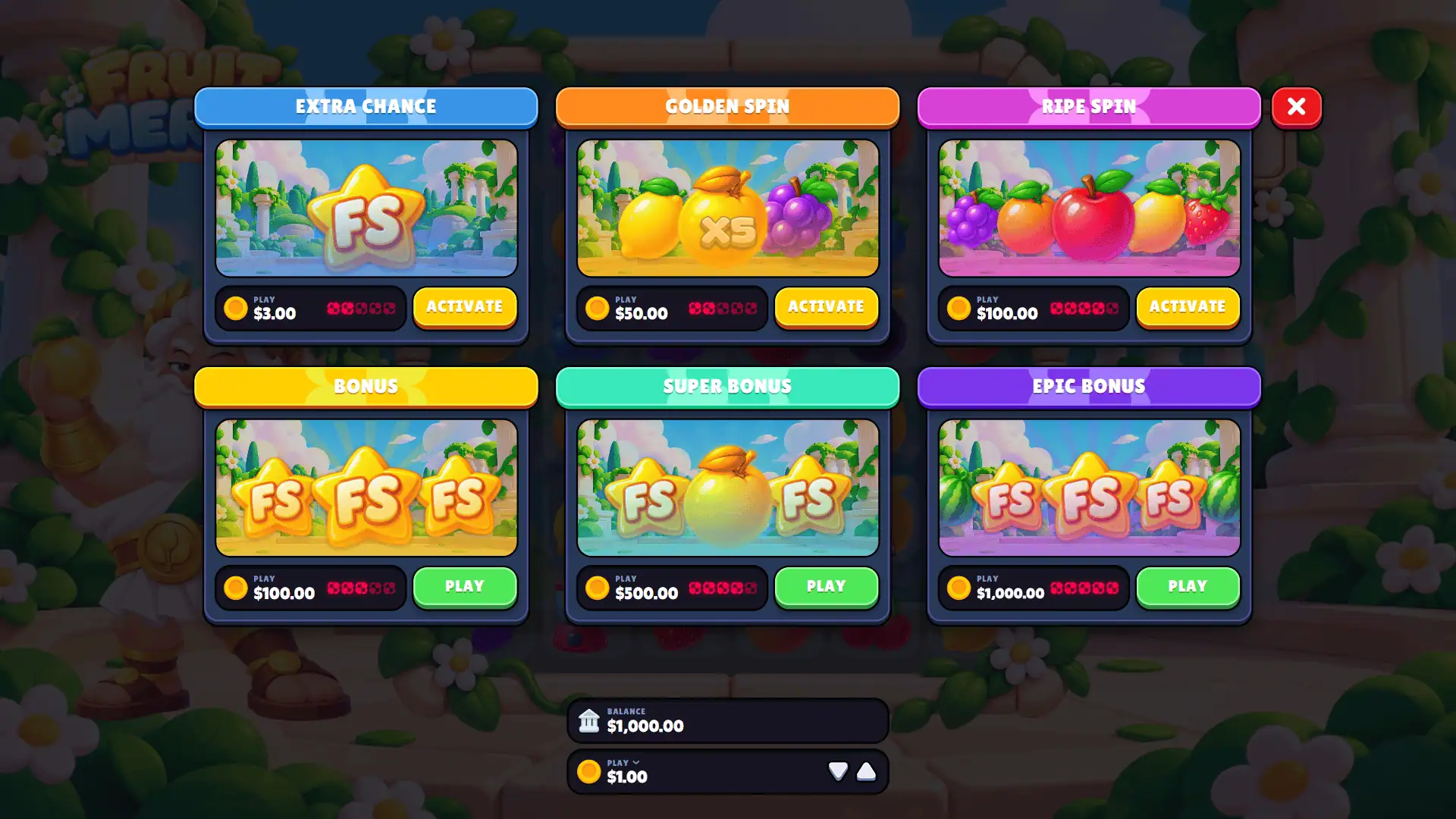 Fruit Merge bonus buy menu
