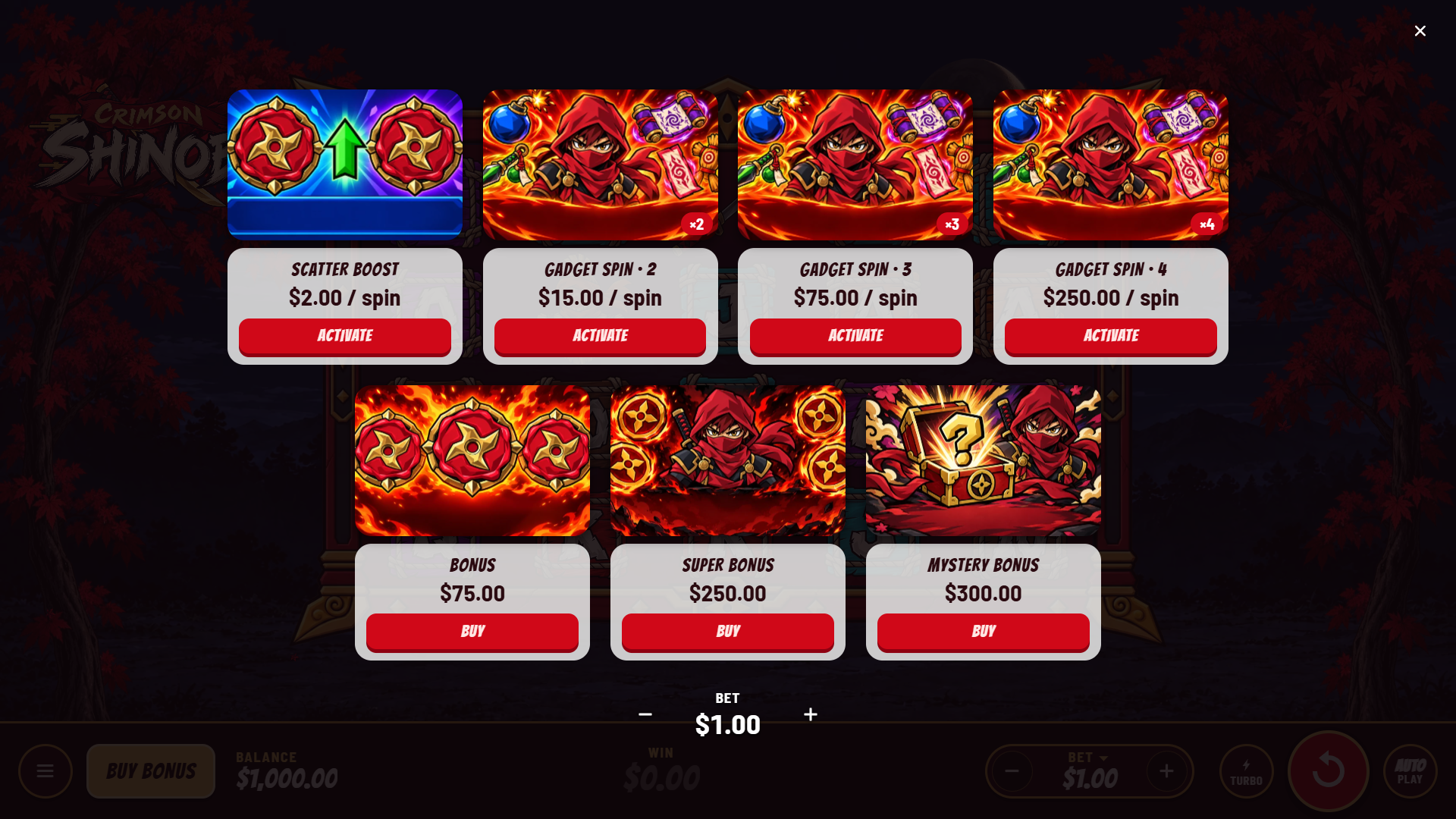 Crimson Shinobi bonus buy menu