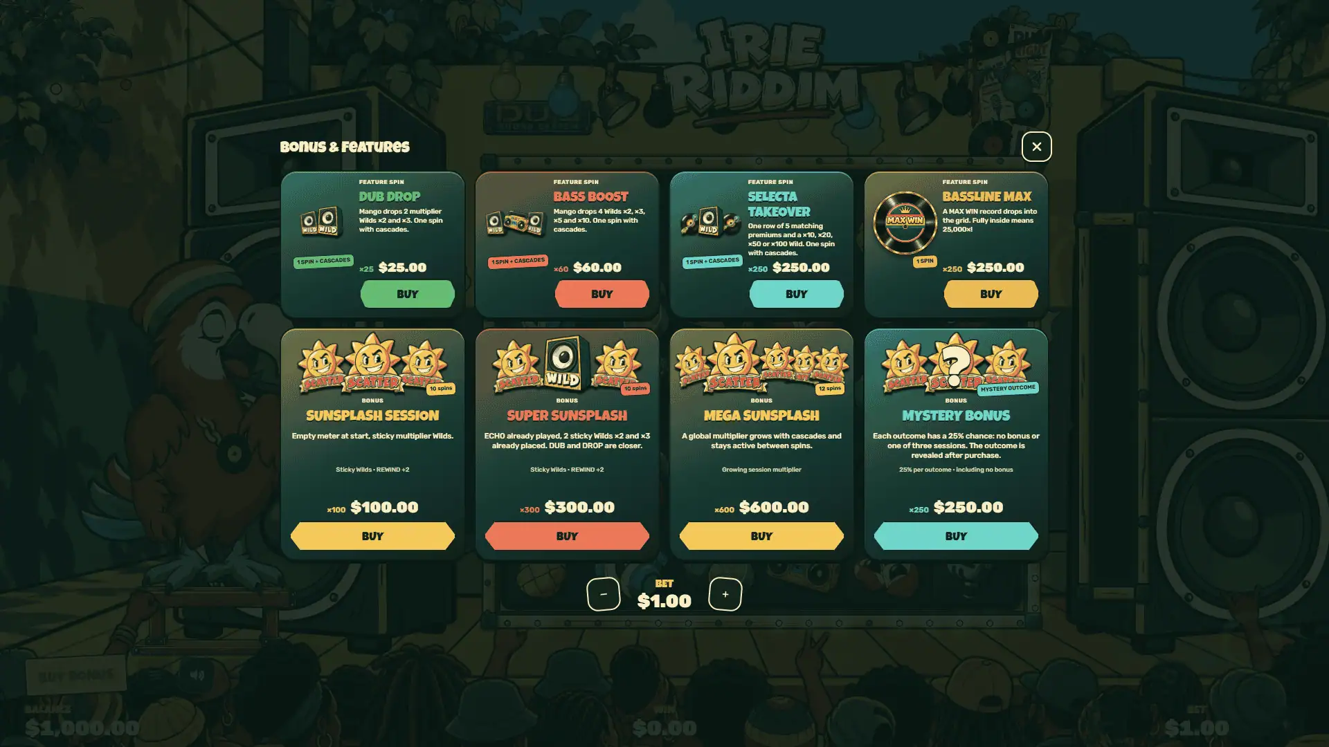 Irie Riddim bonus buy menu