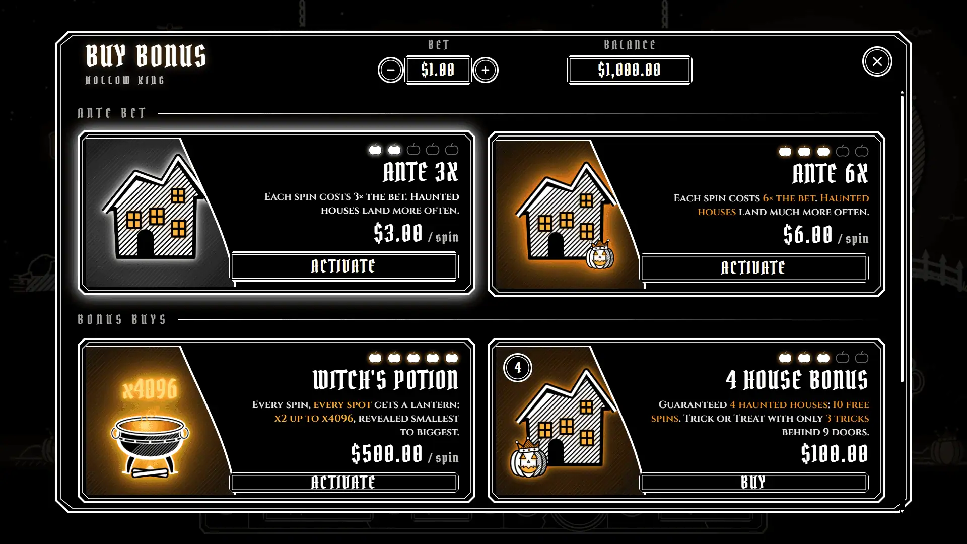 Hollow King bonus buy menu
