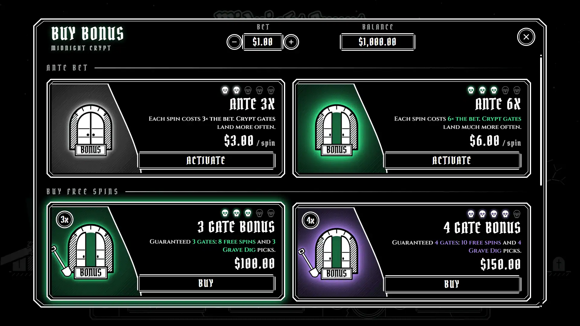 Midnight Crypt bonus buy menu