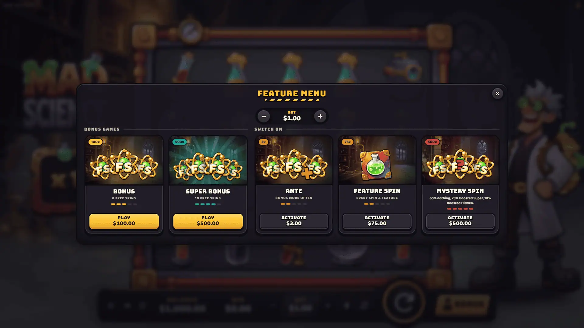Mad Science bonus buy menu
