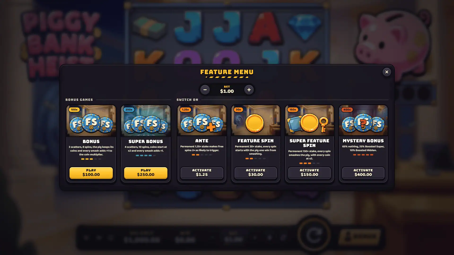 Piggy Bank Heist bonus buy menu