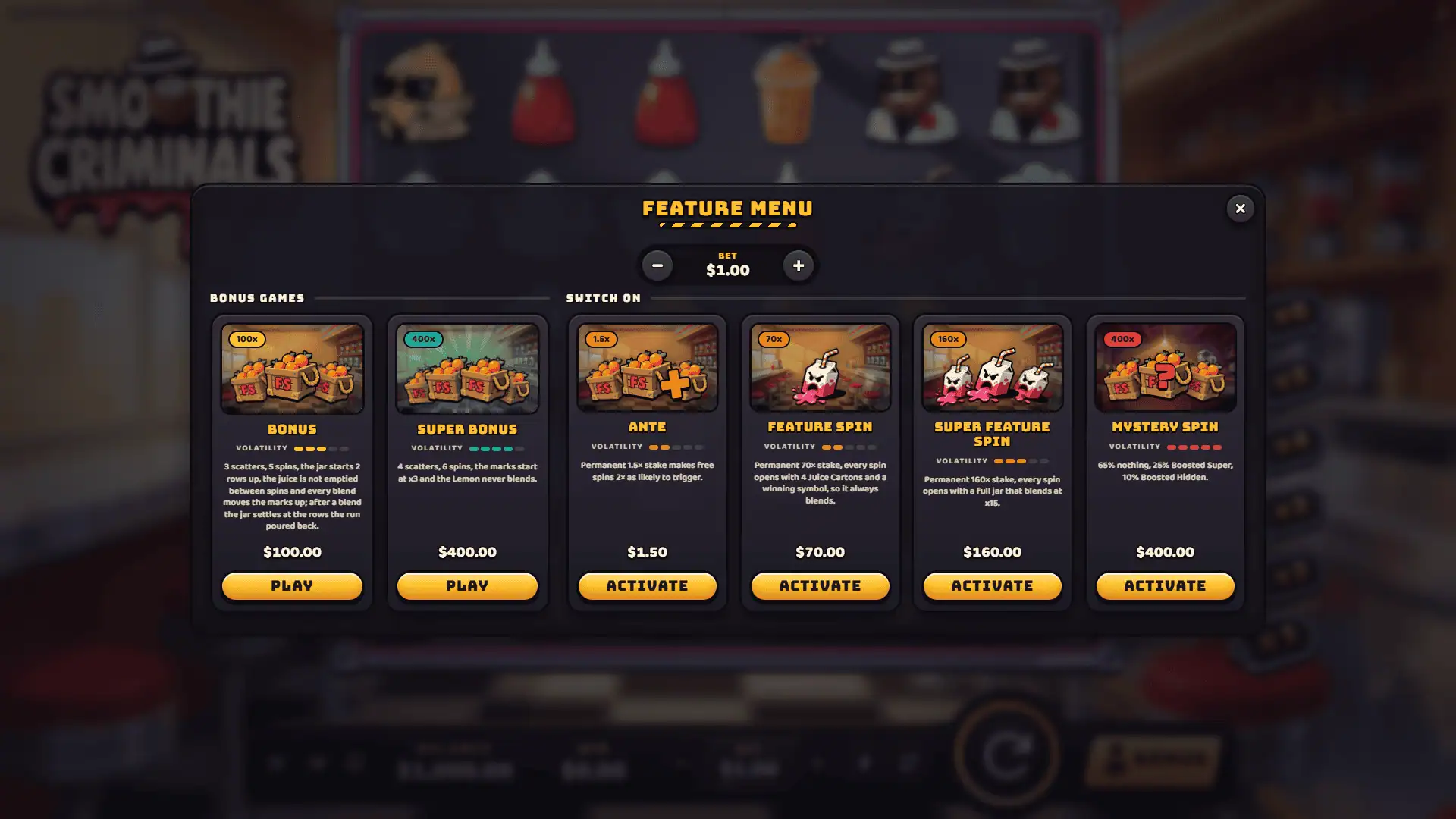 Smoothie Criminals bonus buy menu