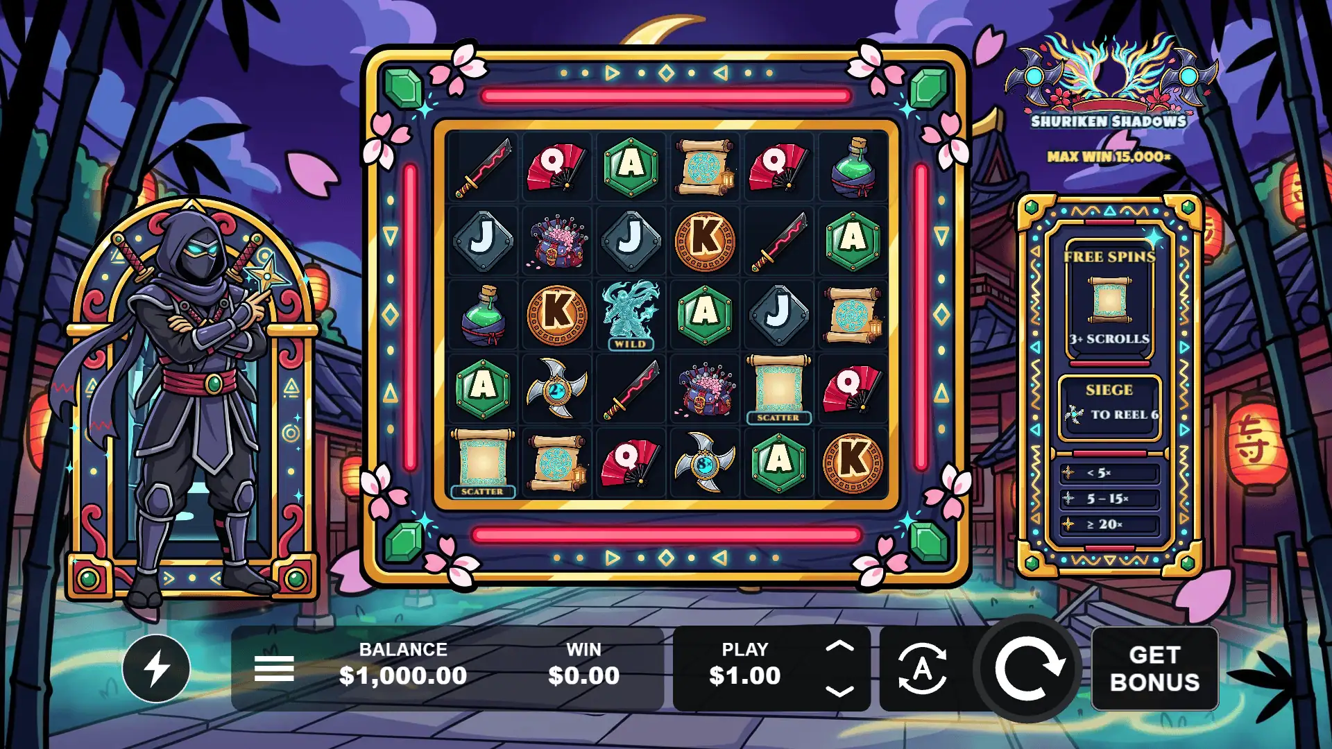 Shuriken Shadows slot gameplay reels