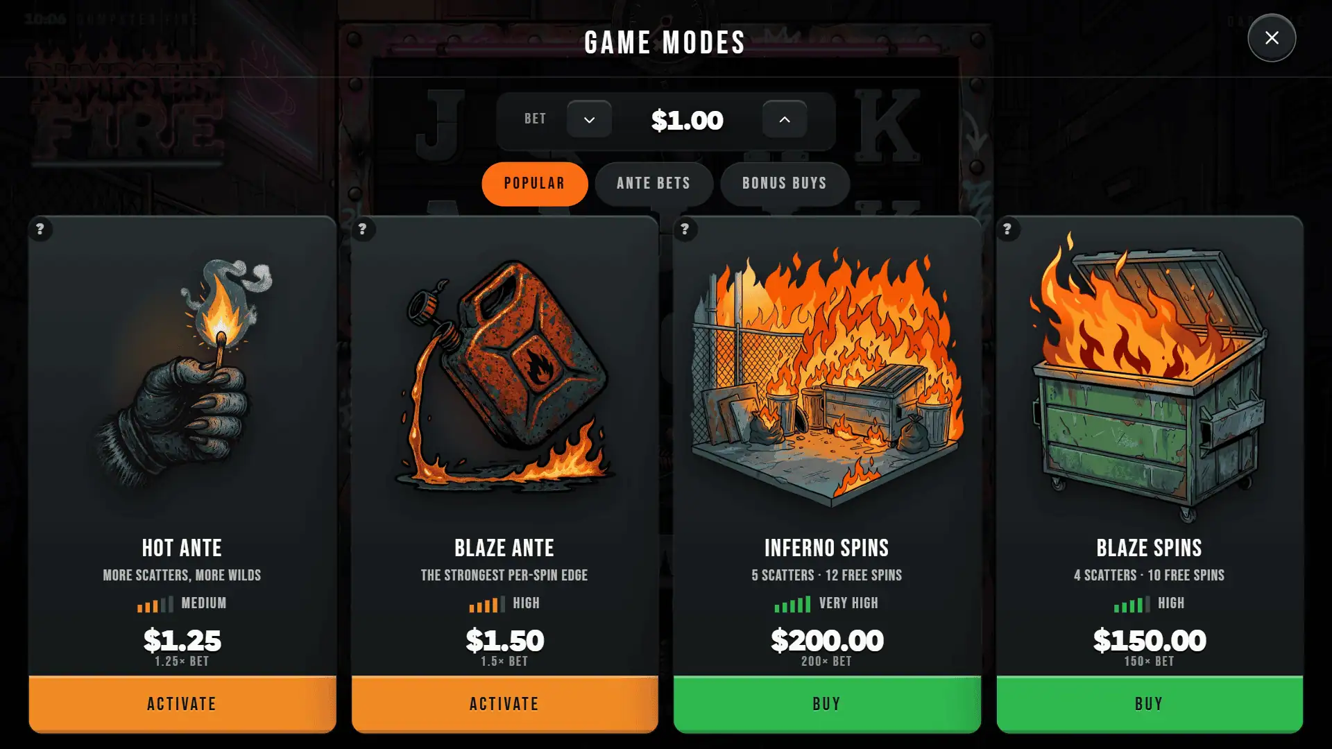 Dumpster Fire bonus buy menu