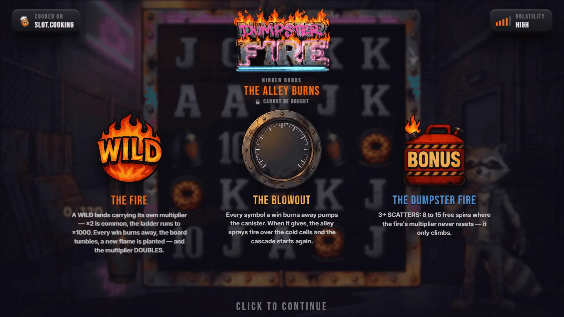 Dumpster Fire slot intro screen