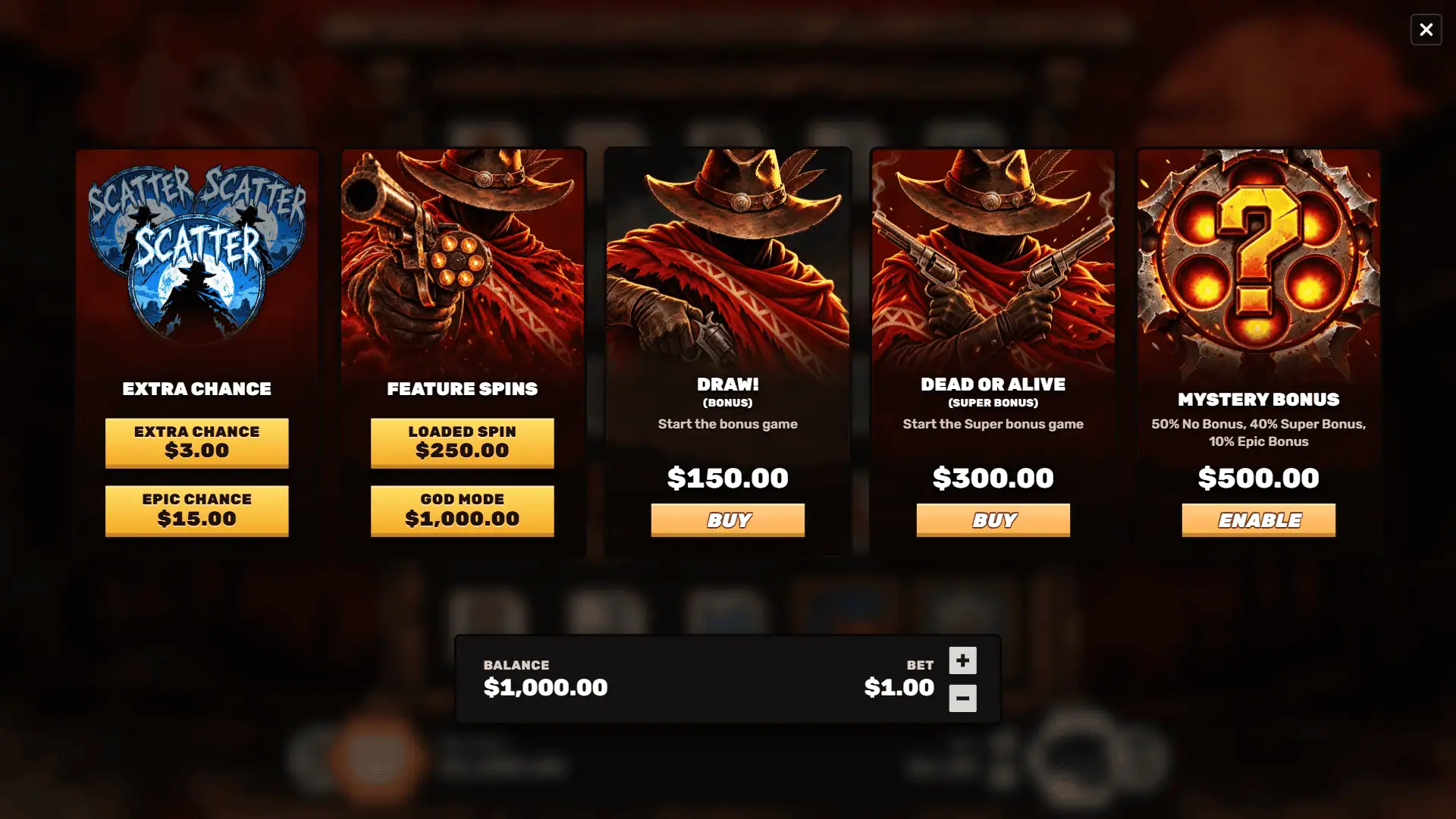 Gunslinger bonus buy menu