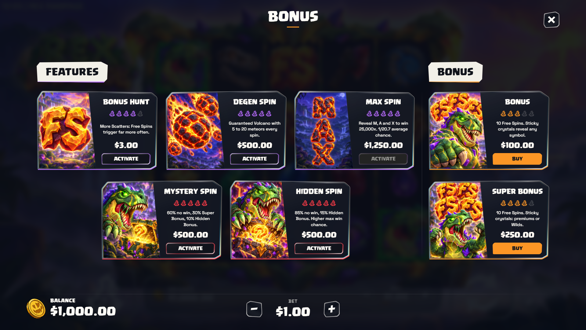 Rex Rampage bonus buy menu