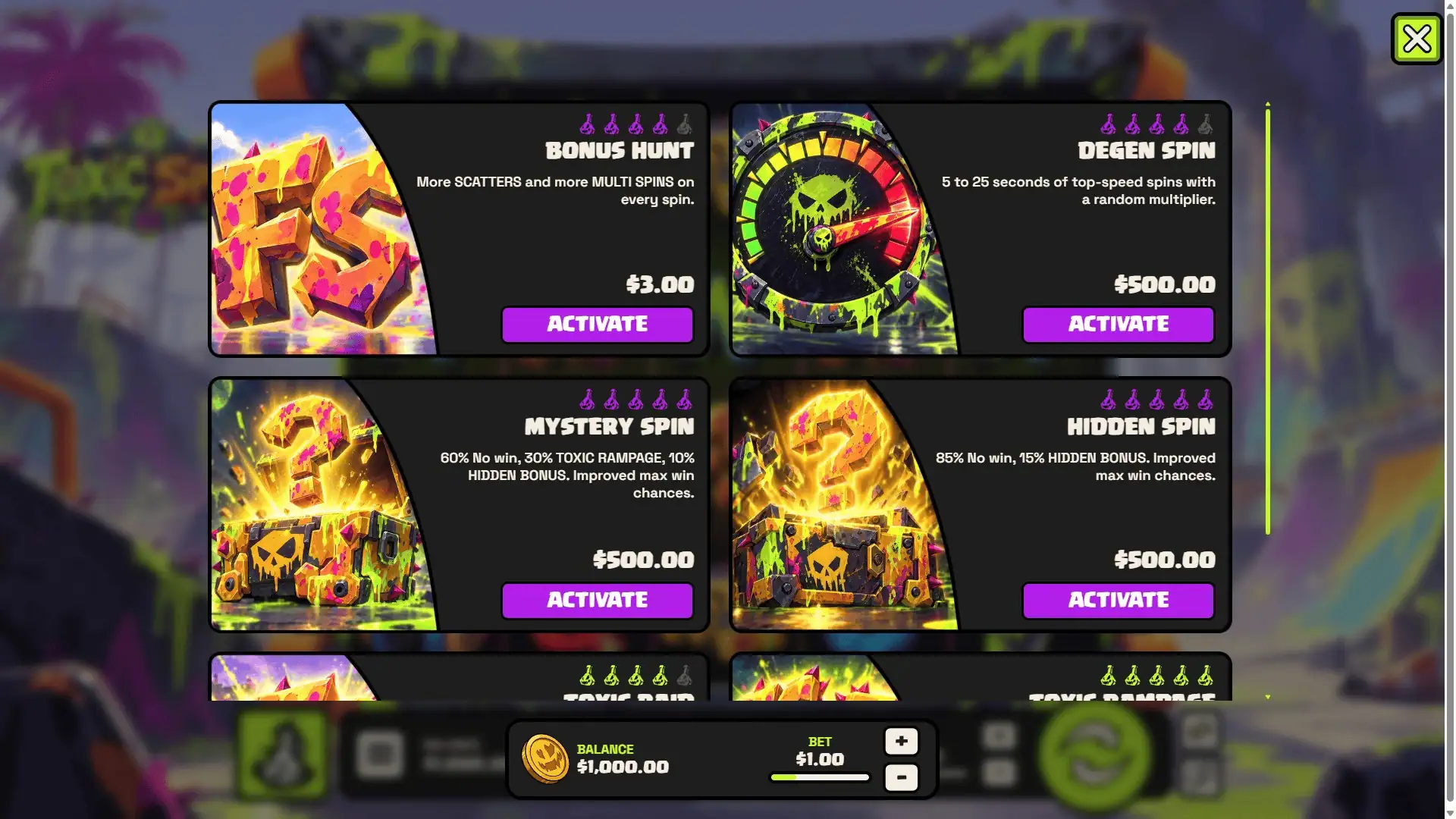 Toxic Spins bonus buy menu