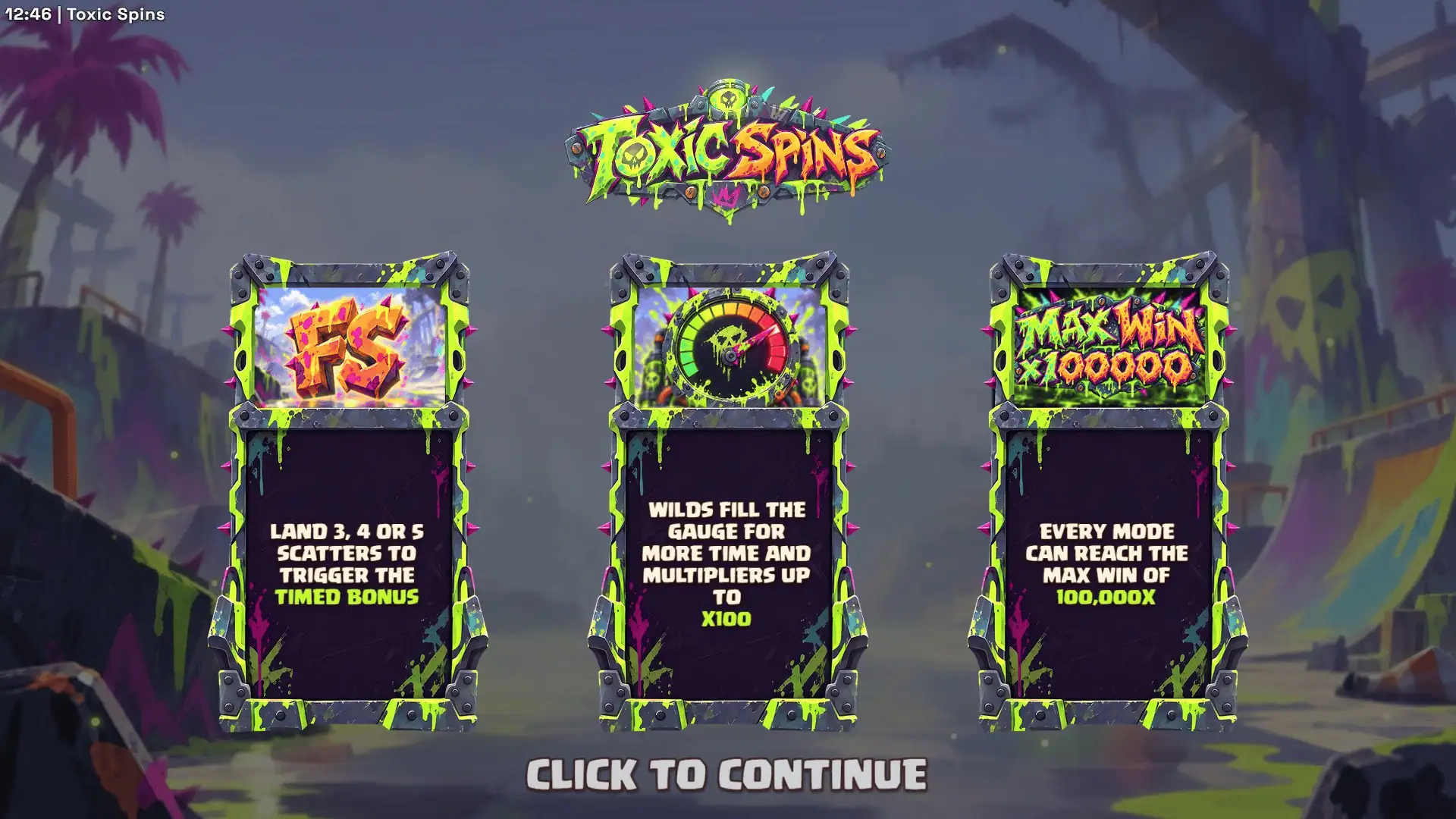 Toxic Spins slot intro screen