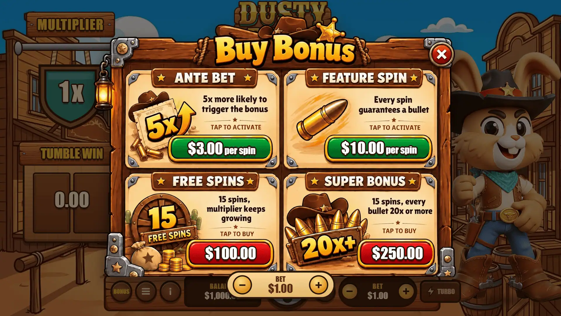 Dusty Draw bonus buy menu
