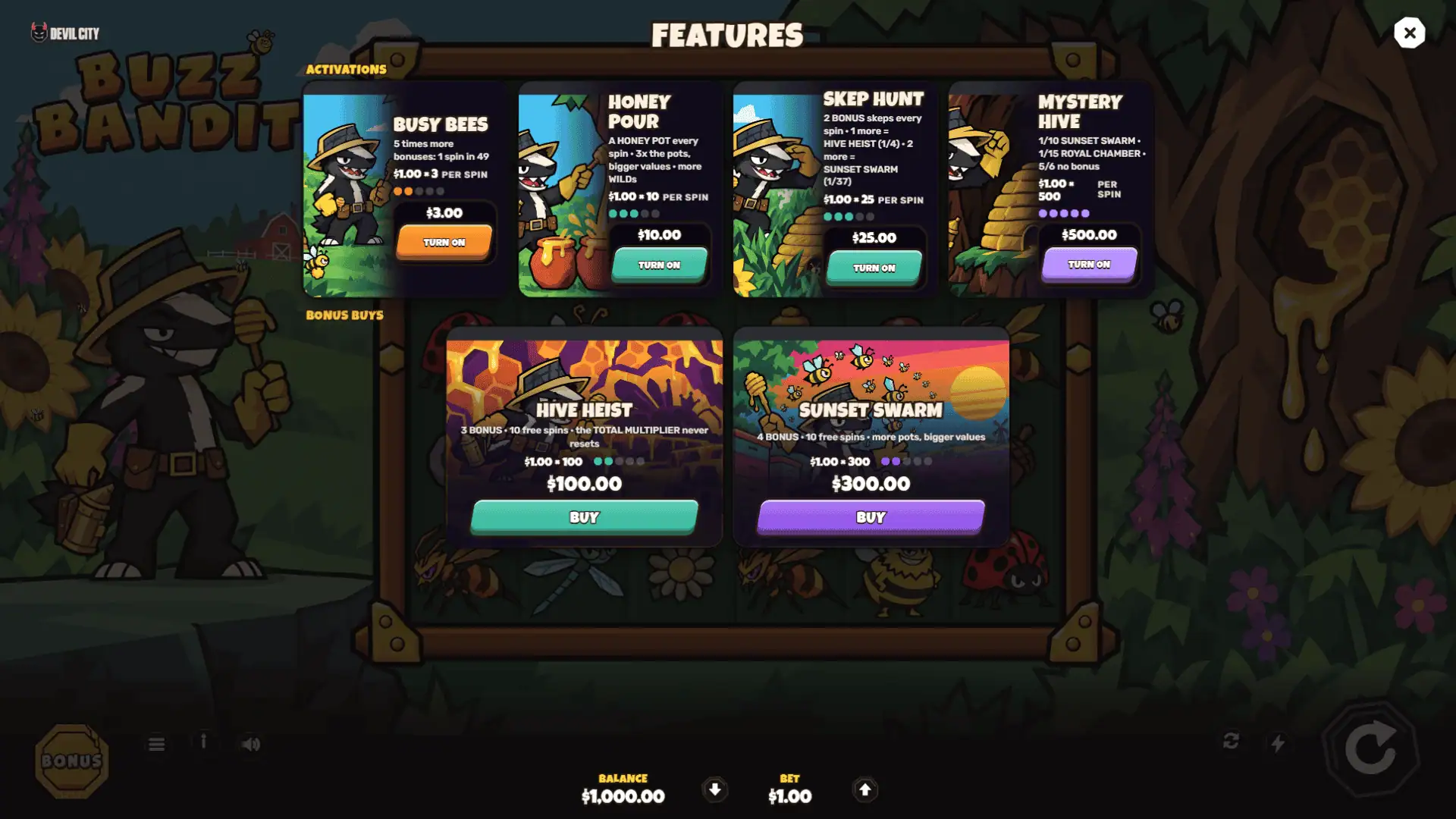Buzz Bandit bonus buy menu