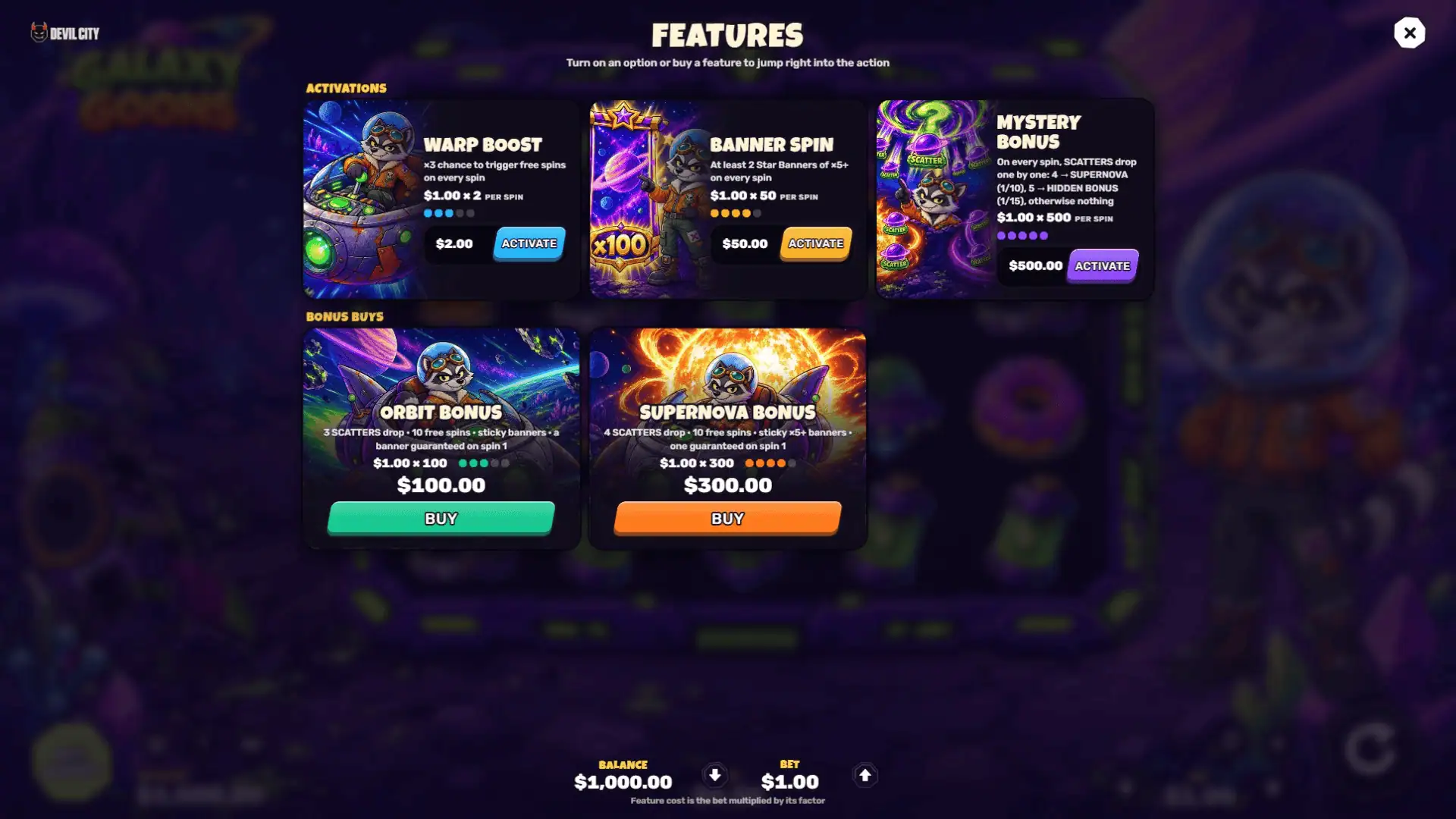 Galaxy Goons bonus buy menu