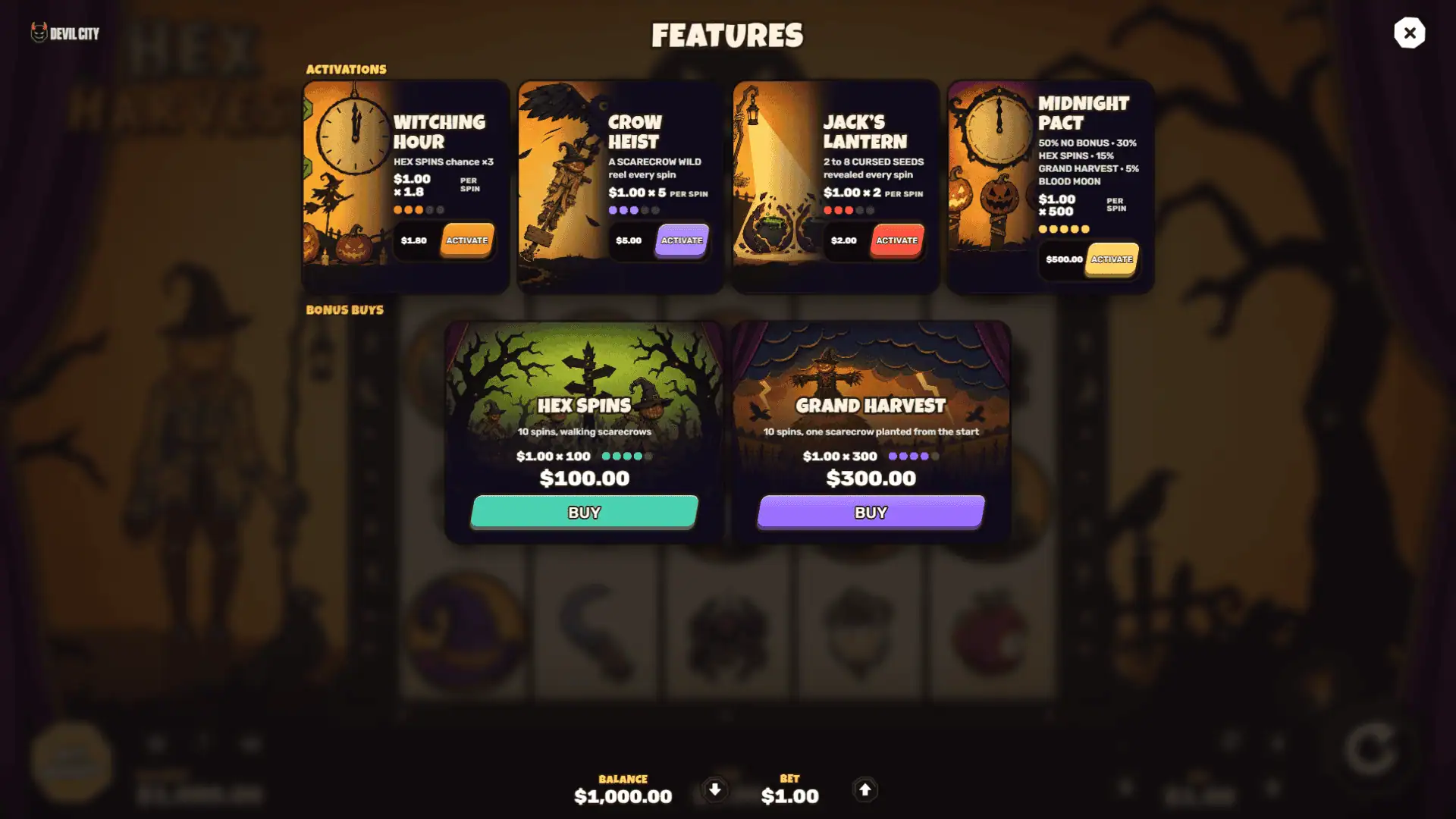 Hex Harvest bonus buy menu