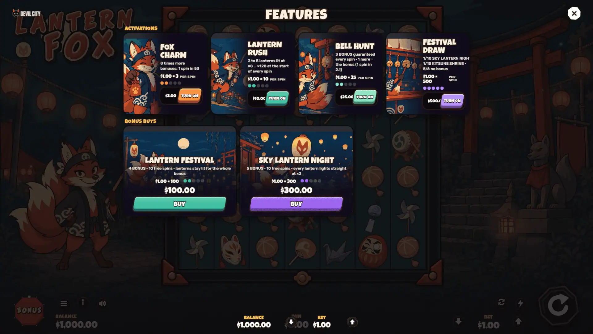 Lantern Fox bonus buy menu