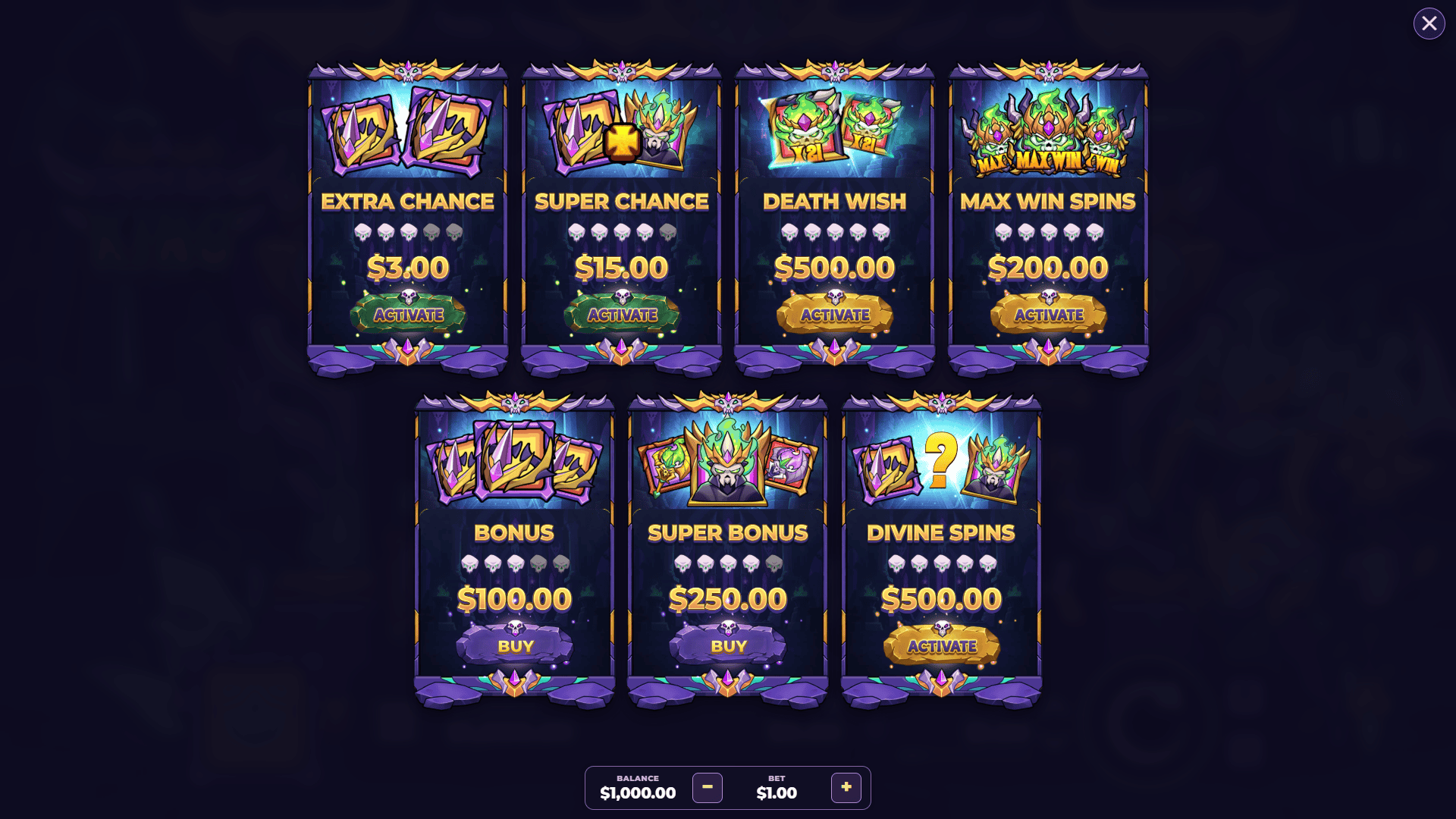 Undead King bonus buy menu