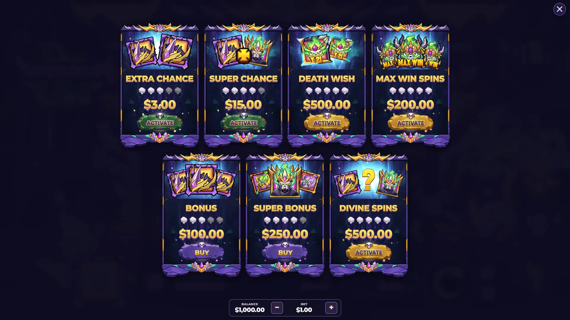 Undead King bonus buy menu