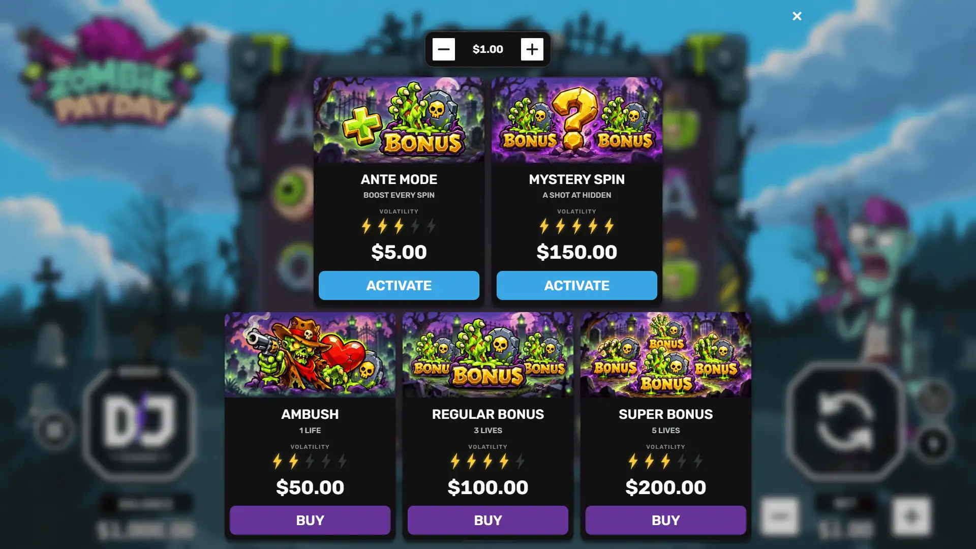 Zombie Payday bonus buy menu
