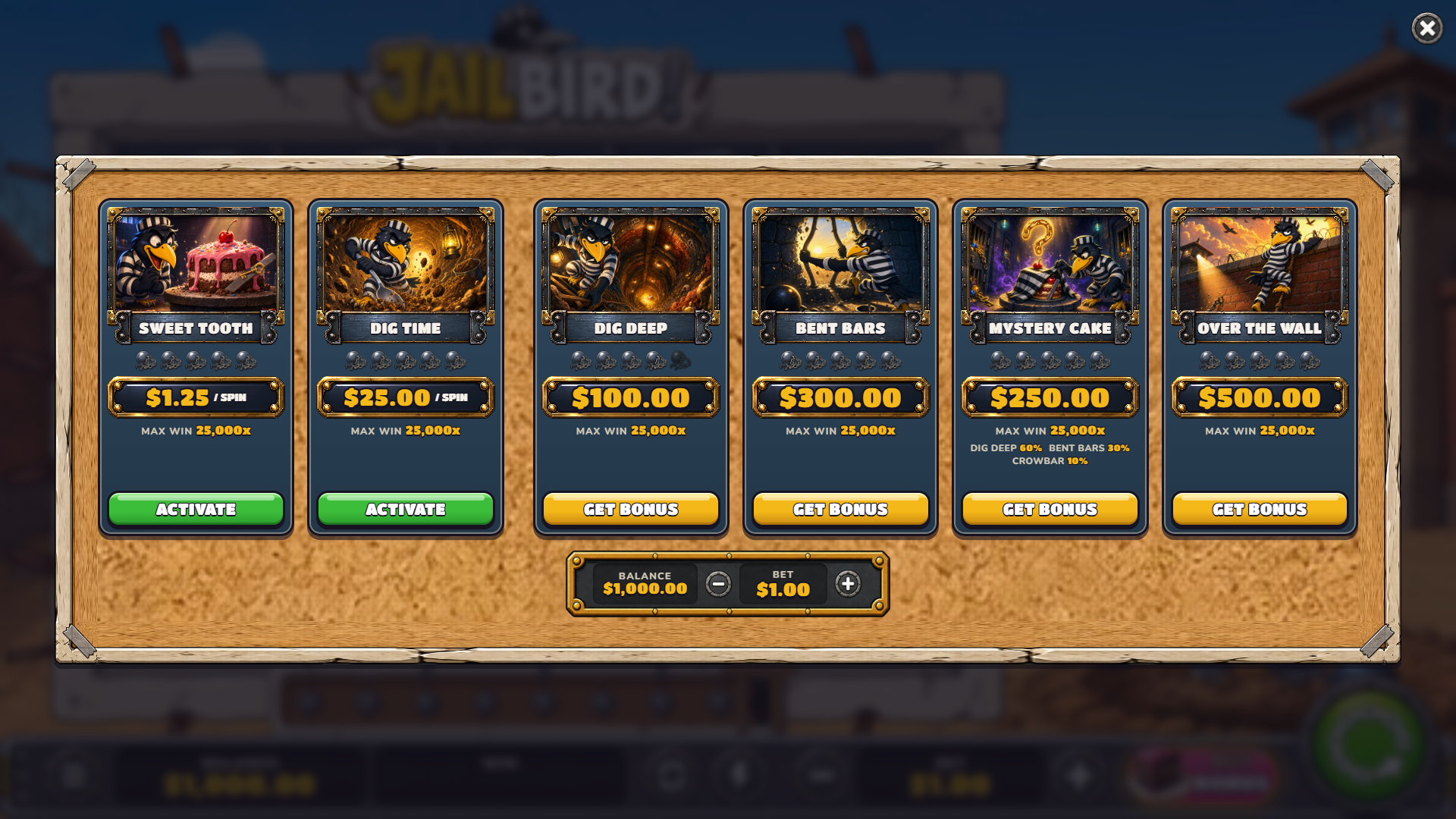 Jailbird bonus buy menu