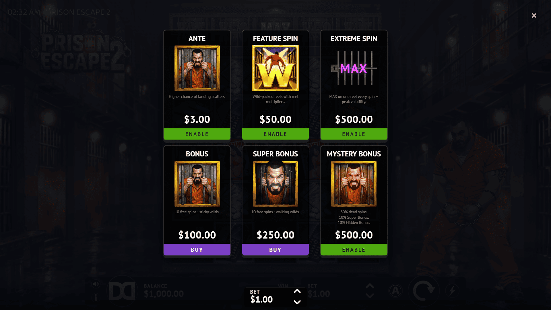 Prison Escape 2 bonus buy menu