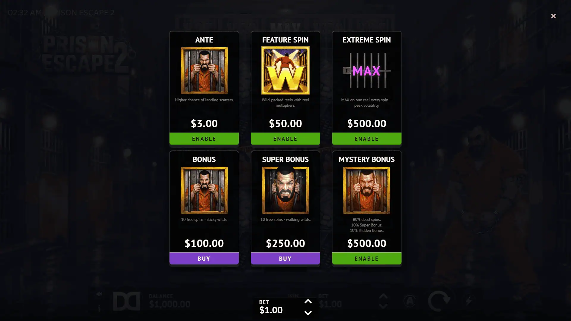 Prison Escape 2 bonus buy menu
