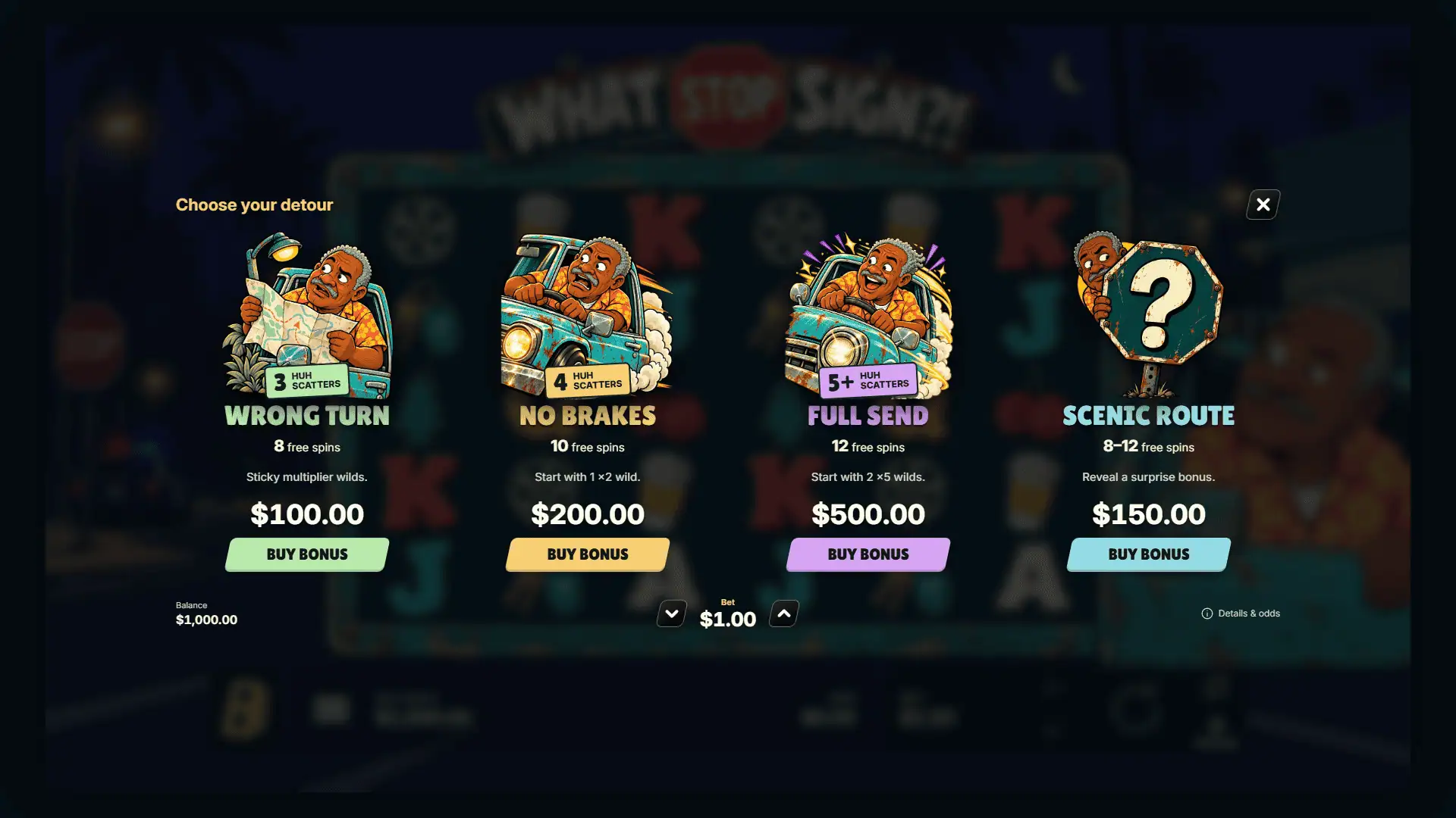 What Stop Sign?! bonus buy menu
