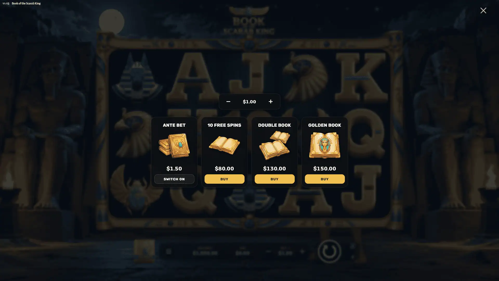 Book of the Scarab King bonus buy menu