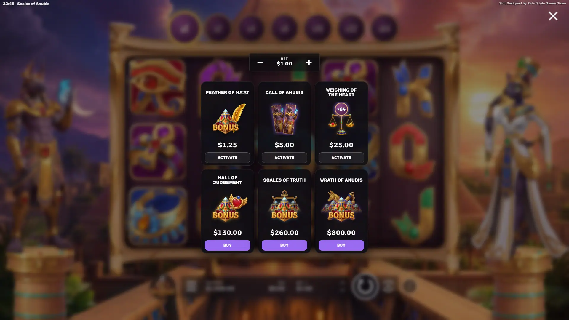 Scales of Anubis bonus buy menu