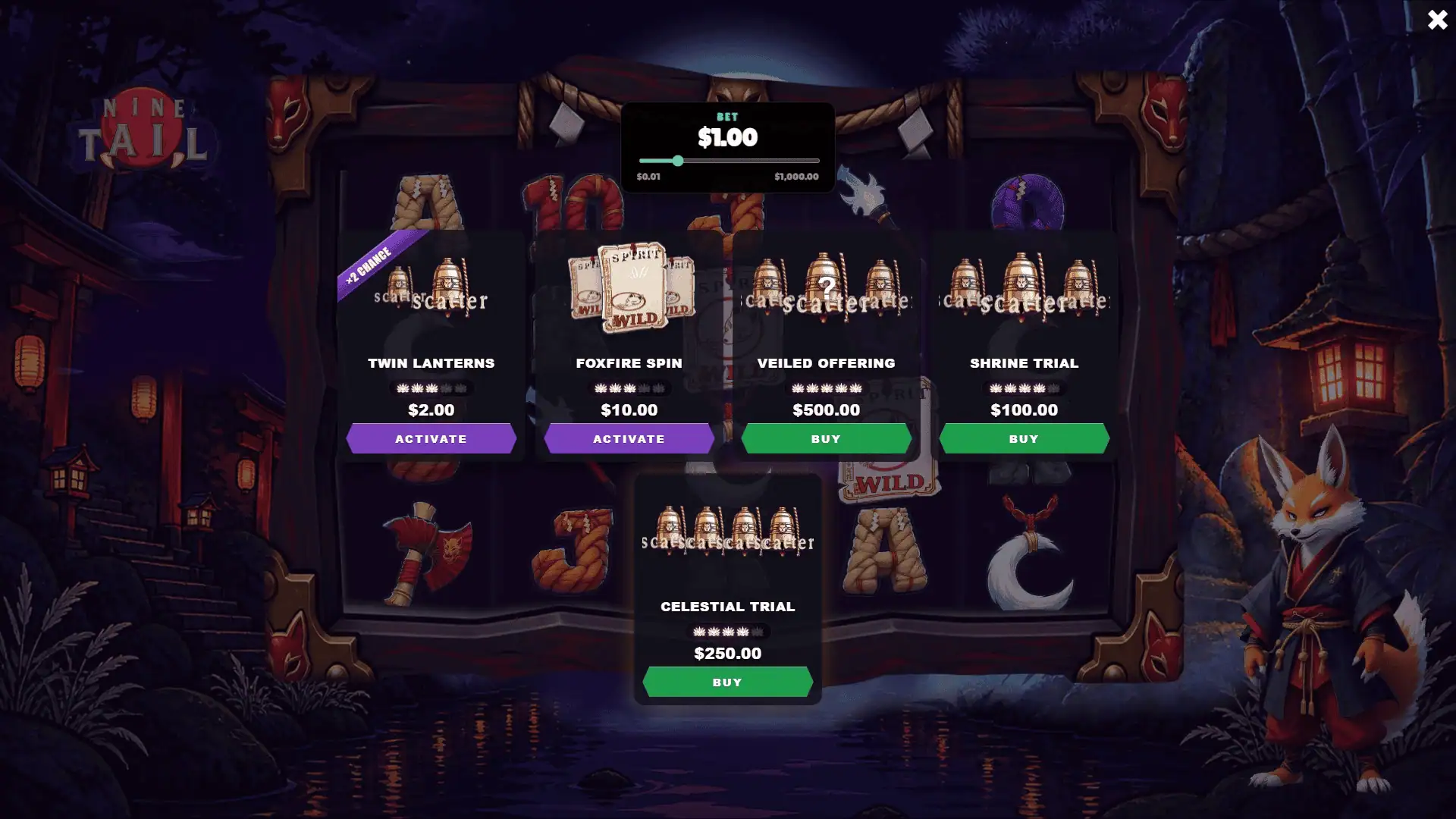 Nine Tail bonus buy menu