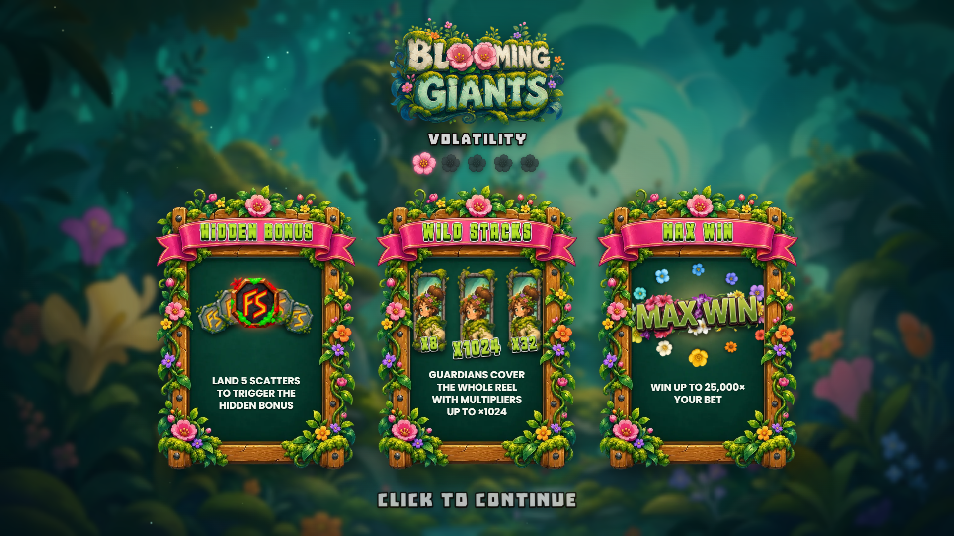Blooming Giants slot intro screen