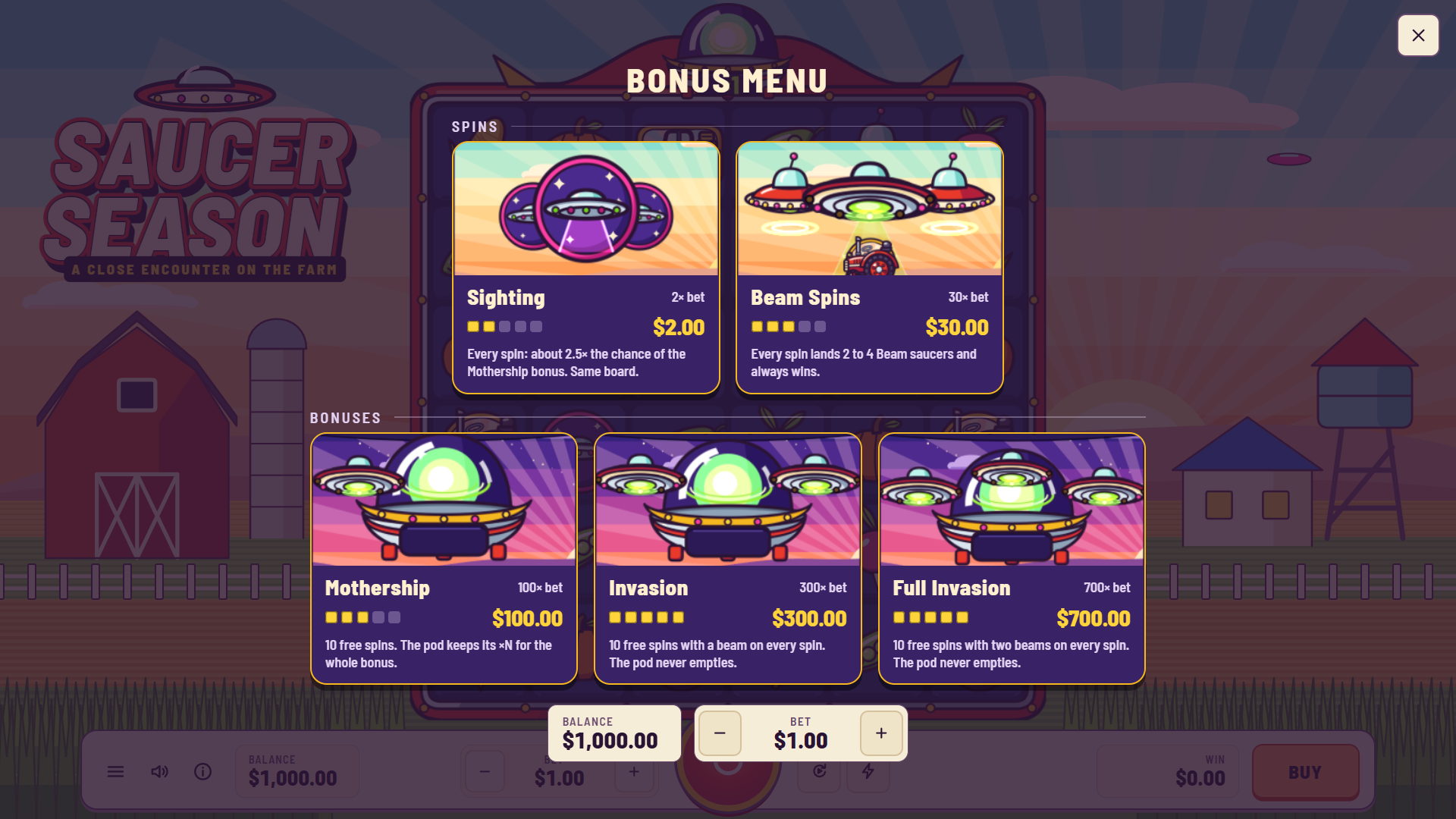 Saucer Season bonus buy menu