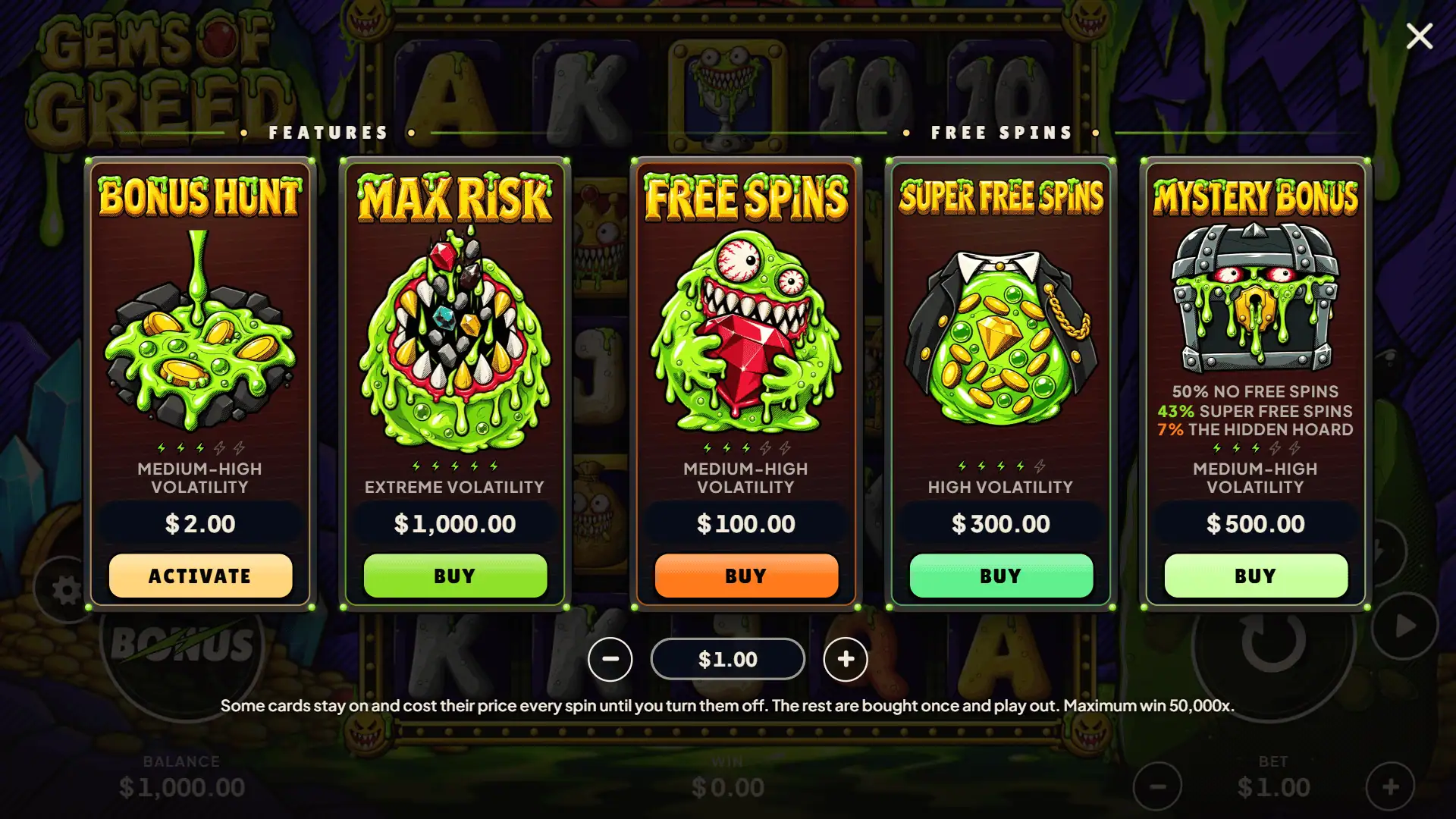 Gems of Greed bonus buy menu