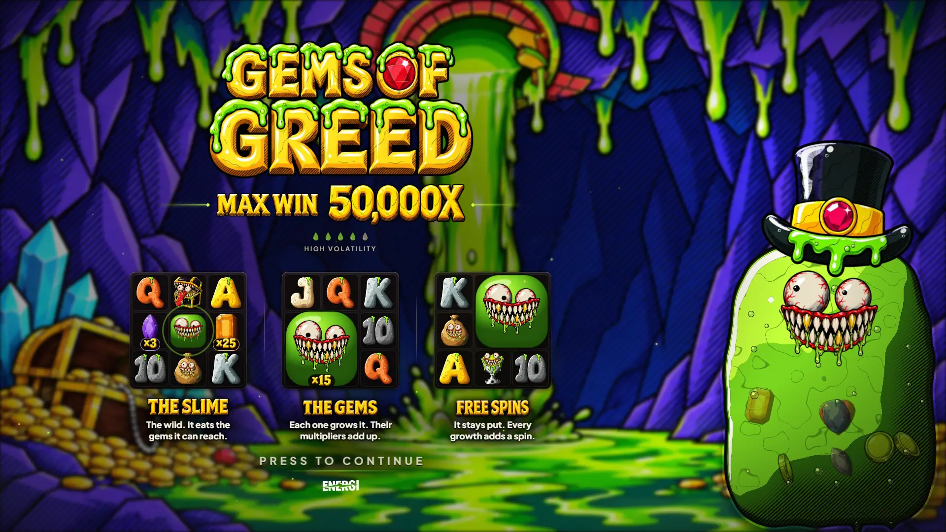 Gems of Greed slot intro screen