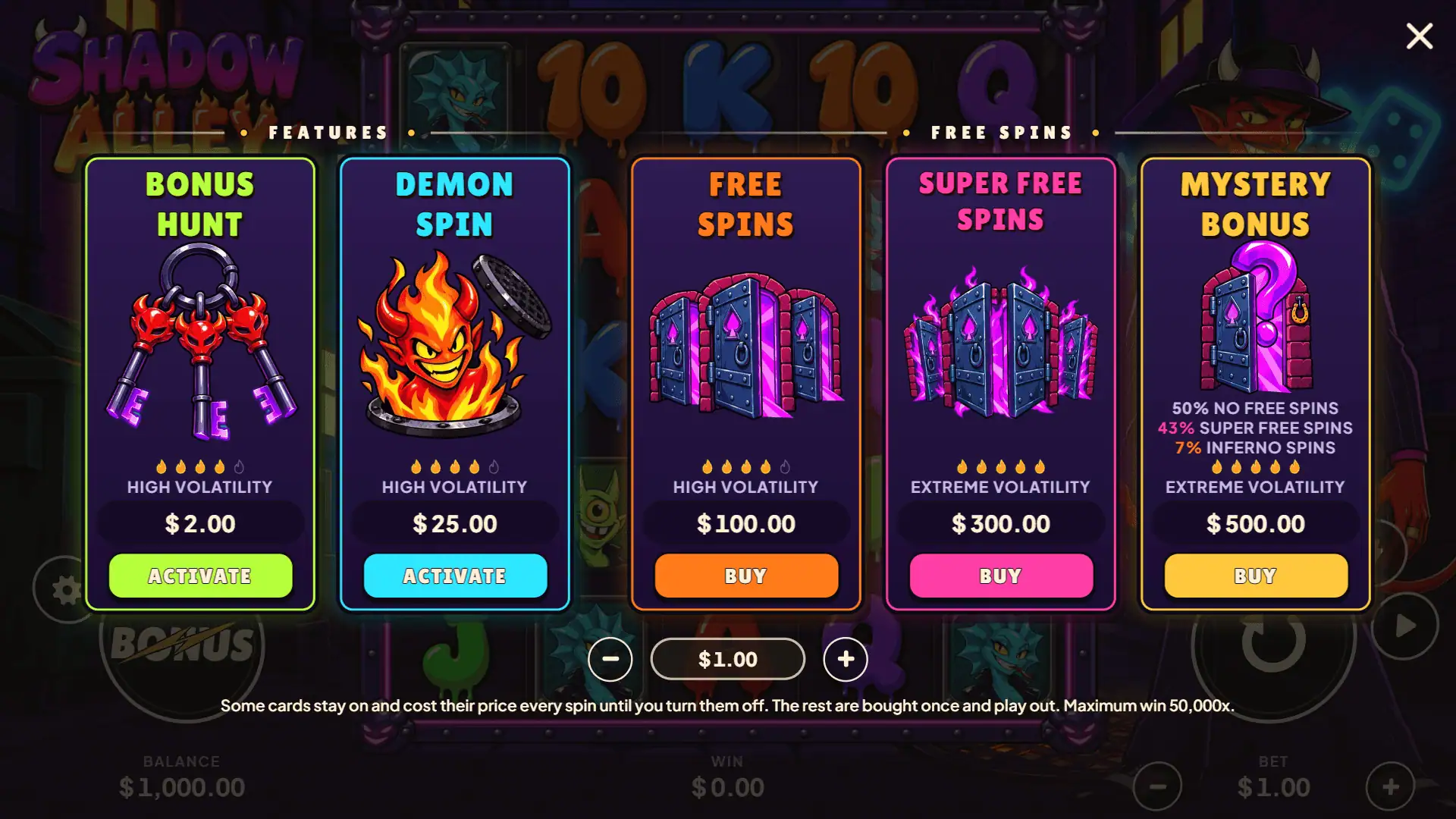 Shadow Alley bonus buy menu