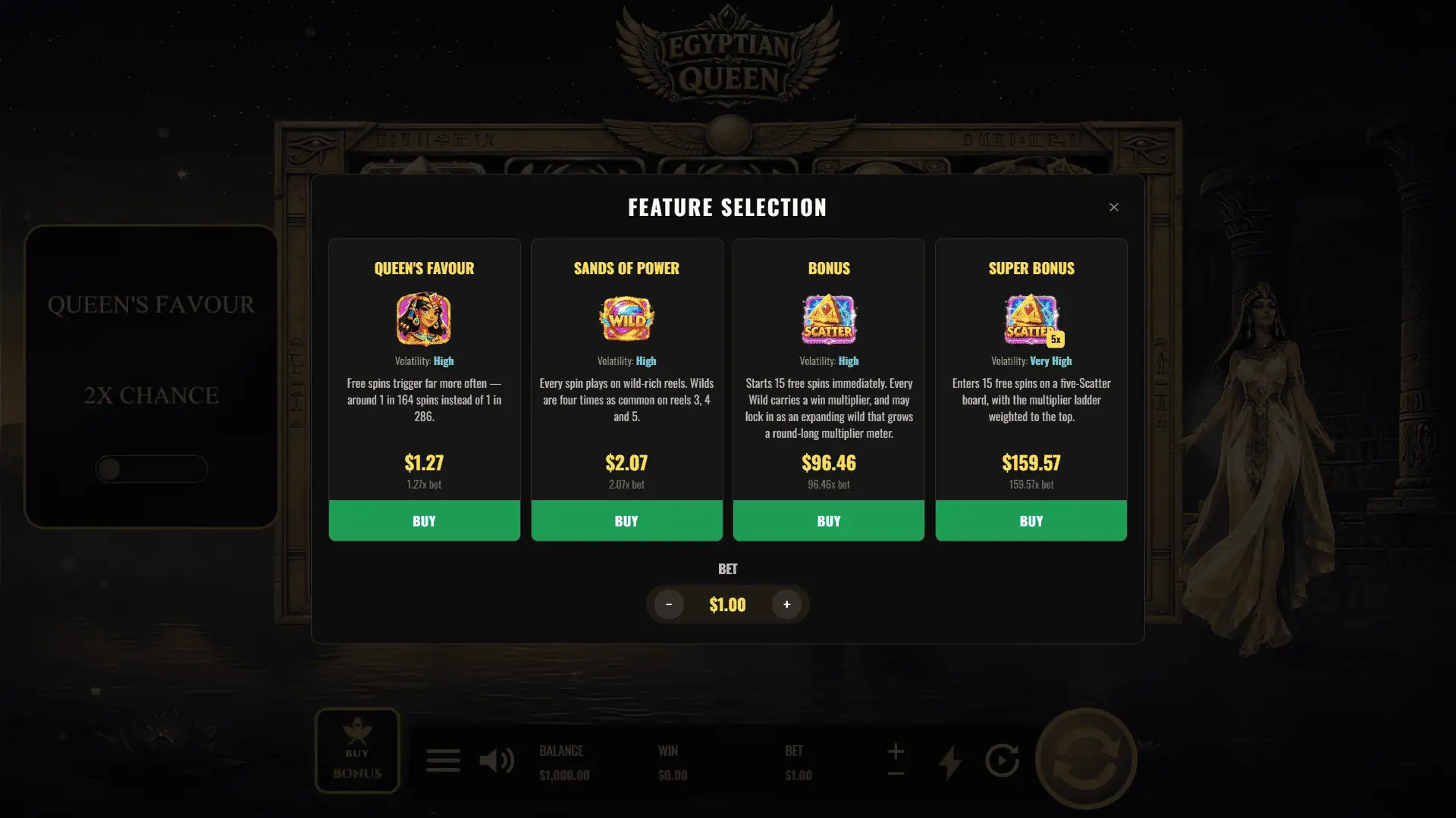 Egyptian Queen bonus buy menu