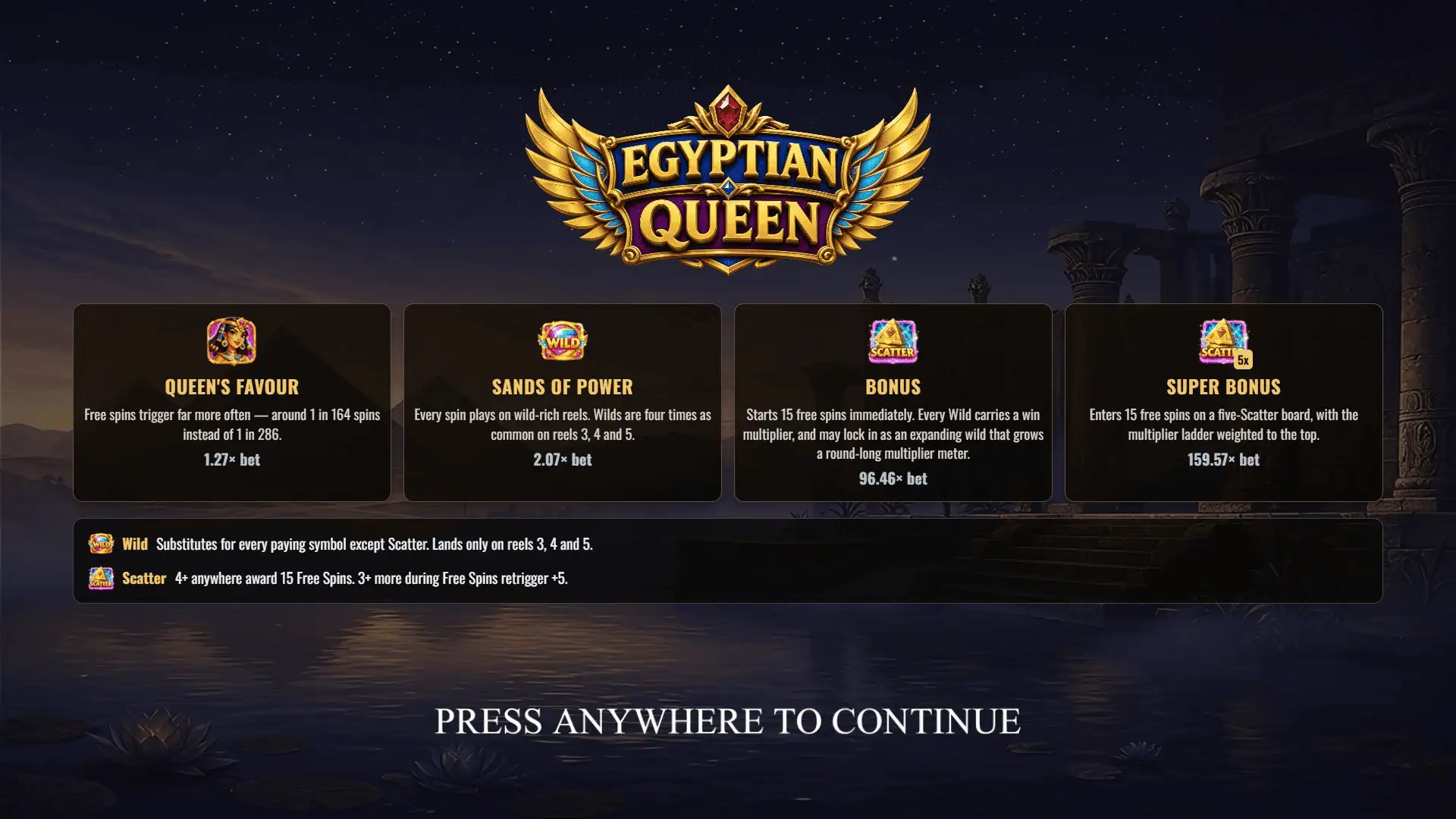 Egyptian Queen slot intro screen