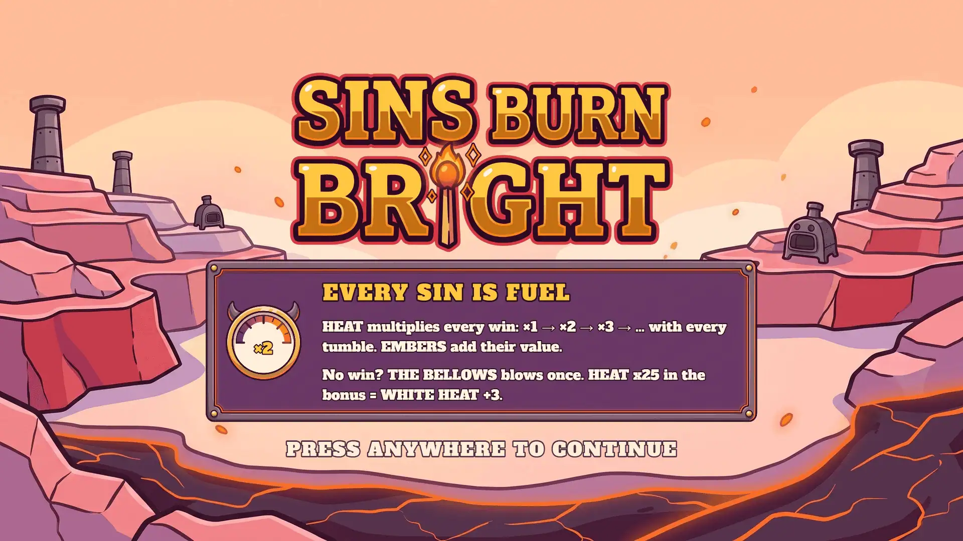 Sins Burn Bright slot intro screen